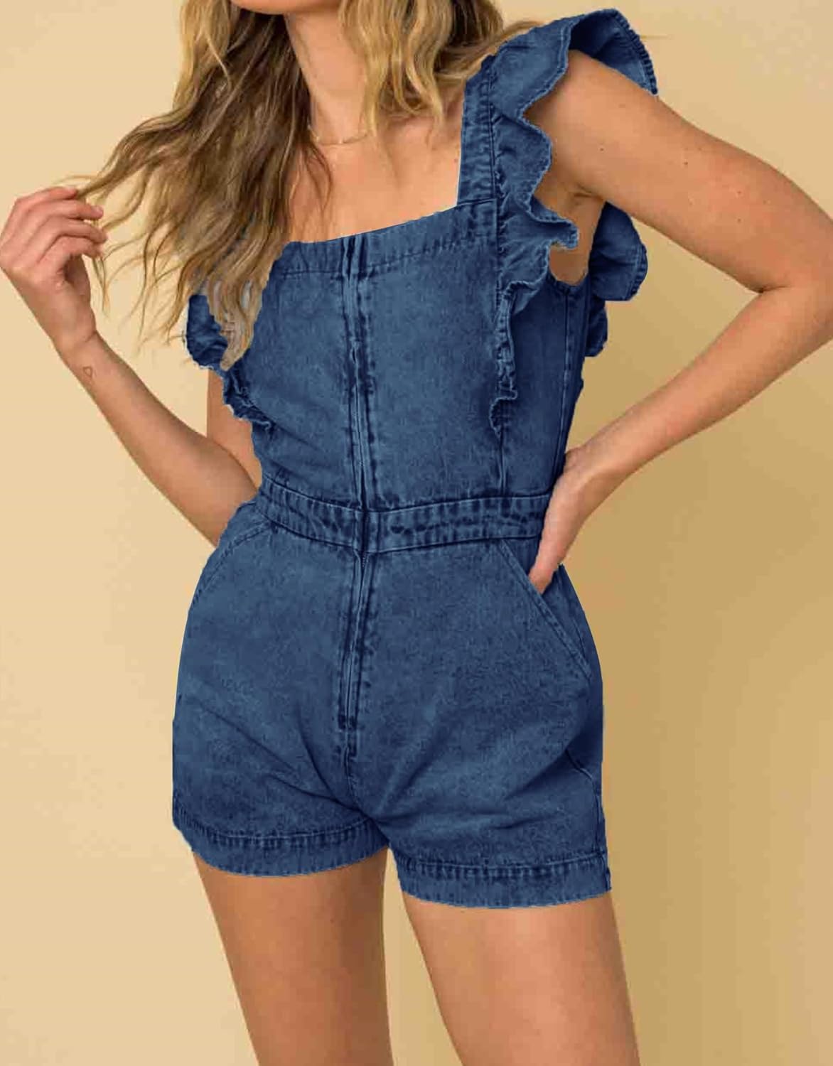 Kedera Women Ruffle Sleeveless Denim Rompers Short Zip Up Denim One Piece Jumpsuit with Pocket - Image 7
