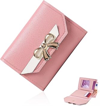 FuninCrea Small Wallets Woman, Leather Women Purse Credit Card Holder for Women, Womens Wallet Slim Wallet Soft Cute Wallet with Bow Knot & Buckle Bifold Ladies Wallet with ID Window Pink
