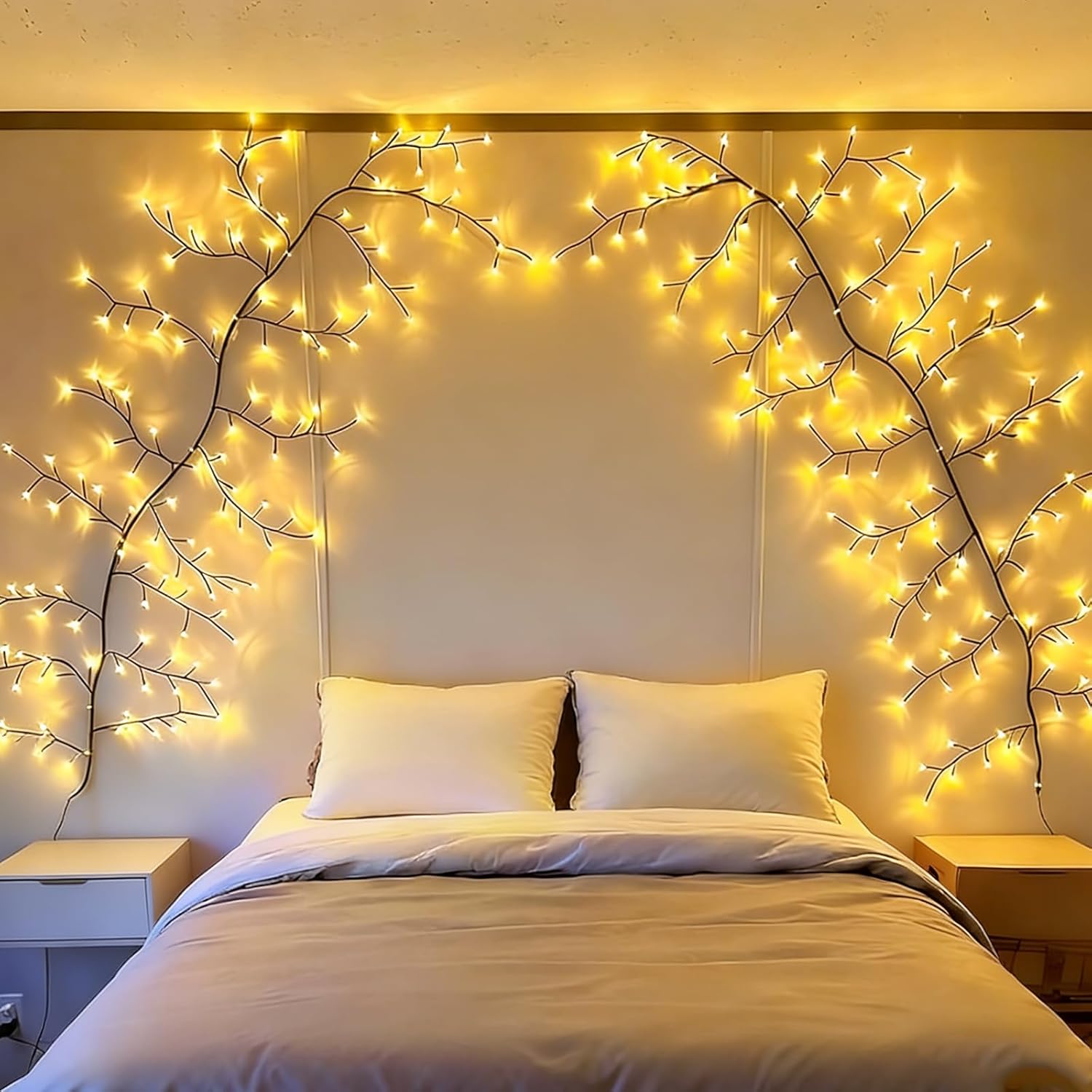 Cherry LED Tree Branch Lights for Wall,Cherry Blossom Vine Lights with 144 LED Flower String Lights and USB Powered,8 Lighting Modes for Bedroom Indoor Window Wedding Outdoor Decor (91in)