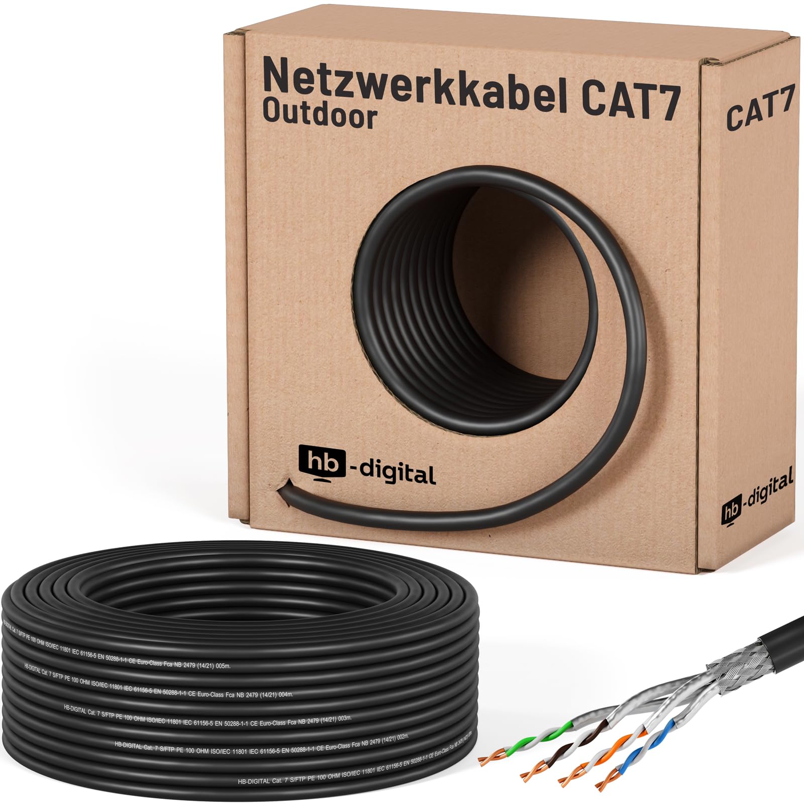 HB-DIGITAL 50m Câble Réseau Extérieur Cable Ethernet RJ45 CAT 7 - Câble d'Installation Blindé S/FTP - Double Blindage PiMF - Cuivre Pur AWG23 - max. 1000MHz 10Gbps - Extérieur PE - Noir