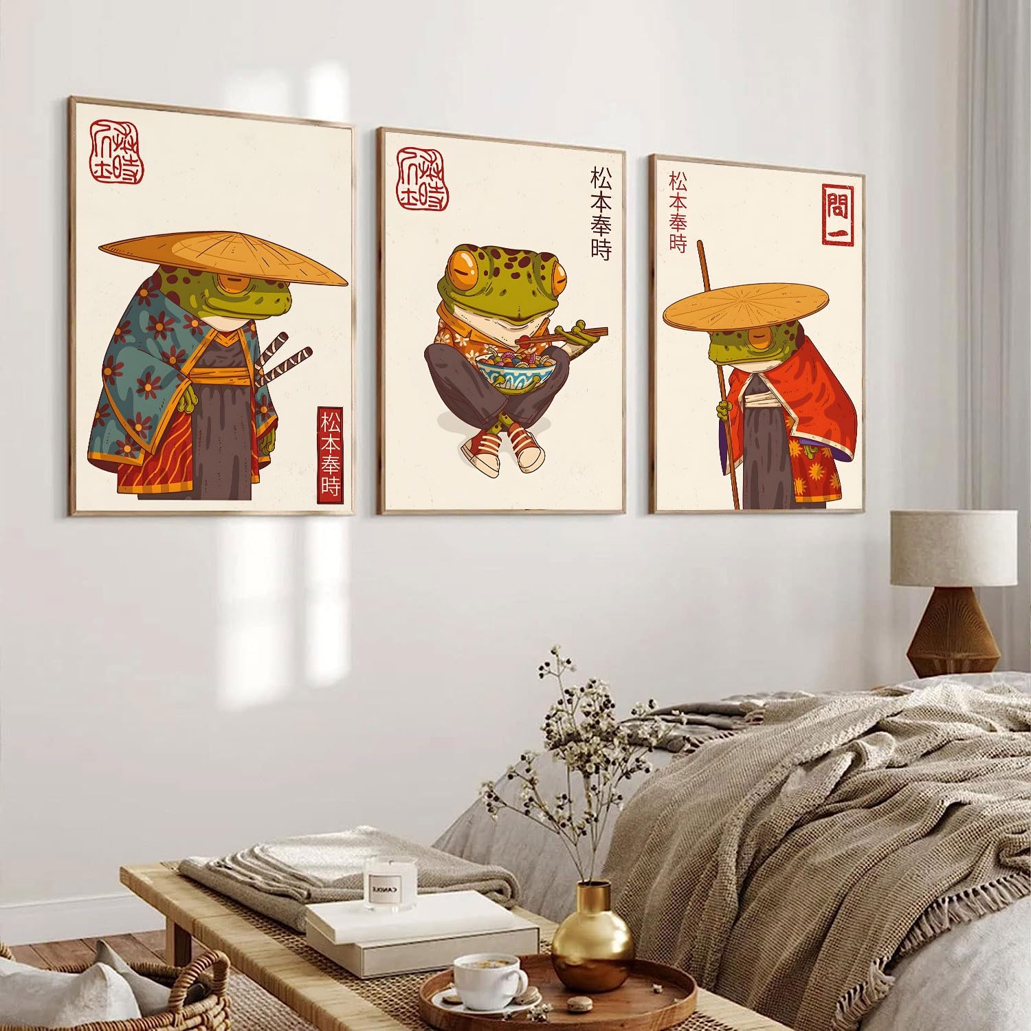3Pcs Vintage Japanese Frog Wall Art Cute Funny Japan Samurai Frog Posters Prints Japanese Matsumoto Hoji Painting Pictures Eclectic Animal Canvas Wall Decor Unframed (green, 16x24 Unframed)