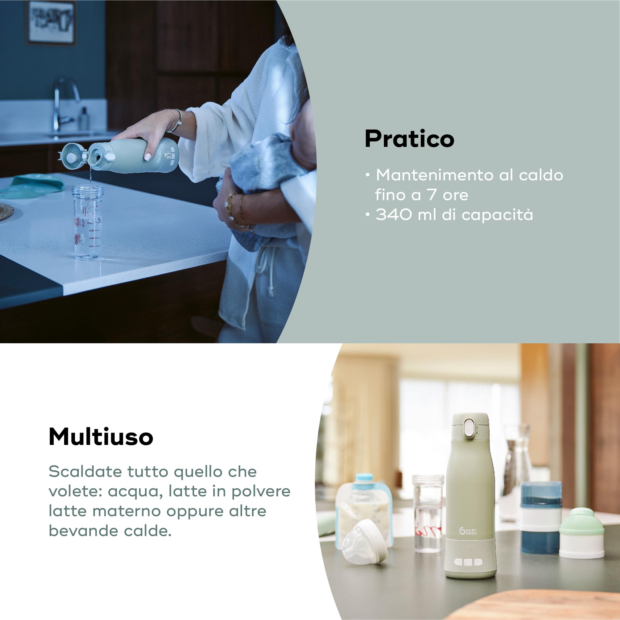Babymoov Scaldabiberon da viaggio senza filo Moov & Feed - Capacità 340 ml - Acqua o latte materno - Temperatura regolabile - Mantenimento al caldo (fino a 7 ore) - Ricarica USB - Garanzia a vita - Sage green