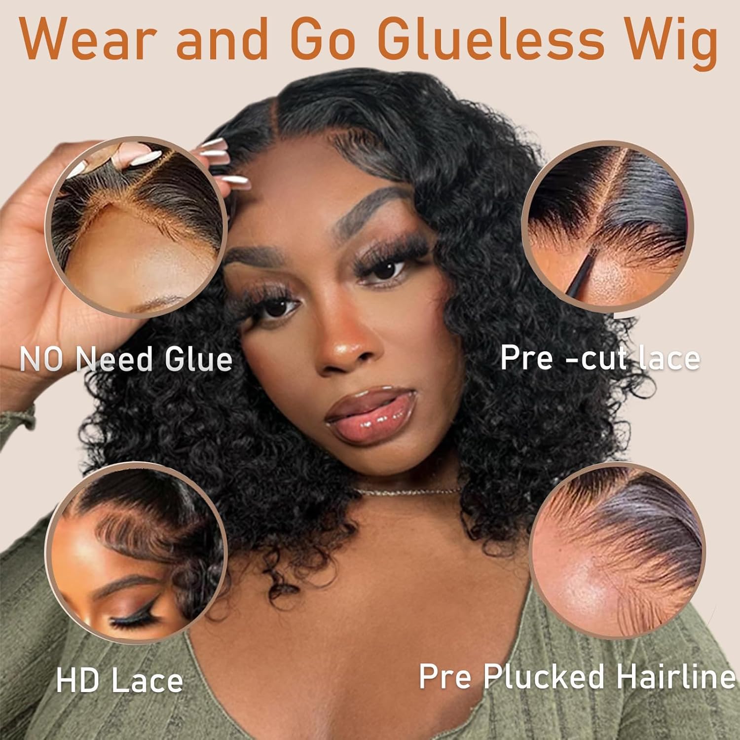 Wear and Go Glueless Bob Wigs Human Hair Pre Plucked Pre Cut Water Wave Curly Bob Wig Human Hair Glueless Short 4×4 Lace Front Wigs Human Hair For Black Woman Natural Black 16inch 180% Density