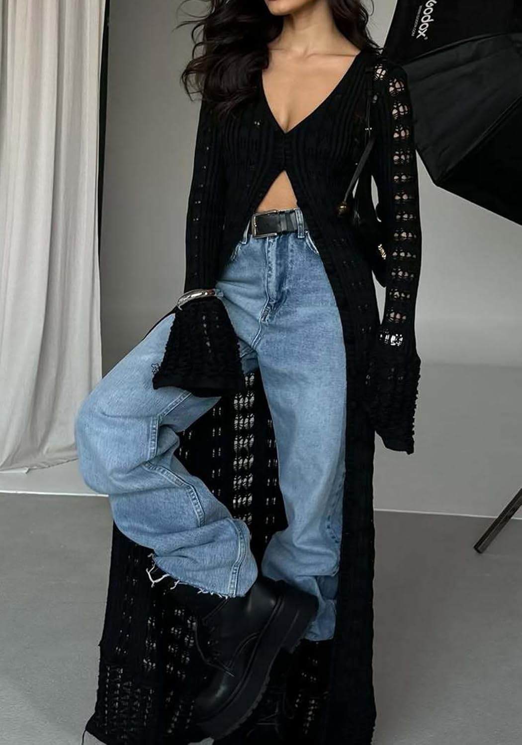 NRTHYE Women Long Crochet Cardigans Button up Knit Hollow Out Elegant Duster Sweaters Cover Up Maxi Dress - Image 5