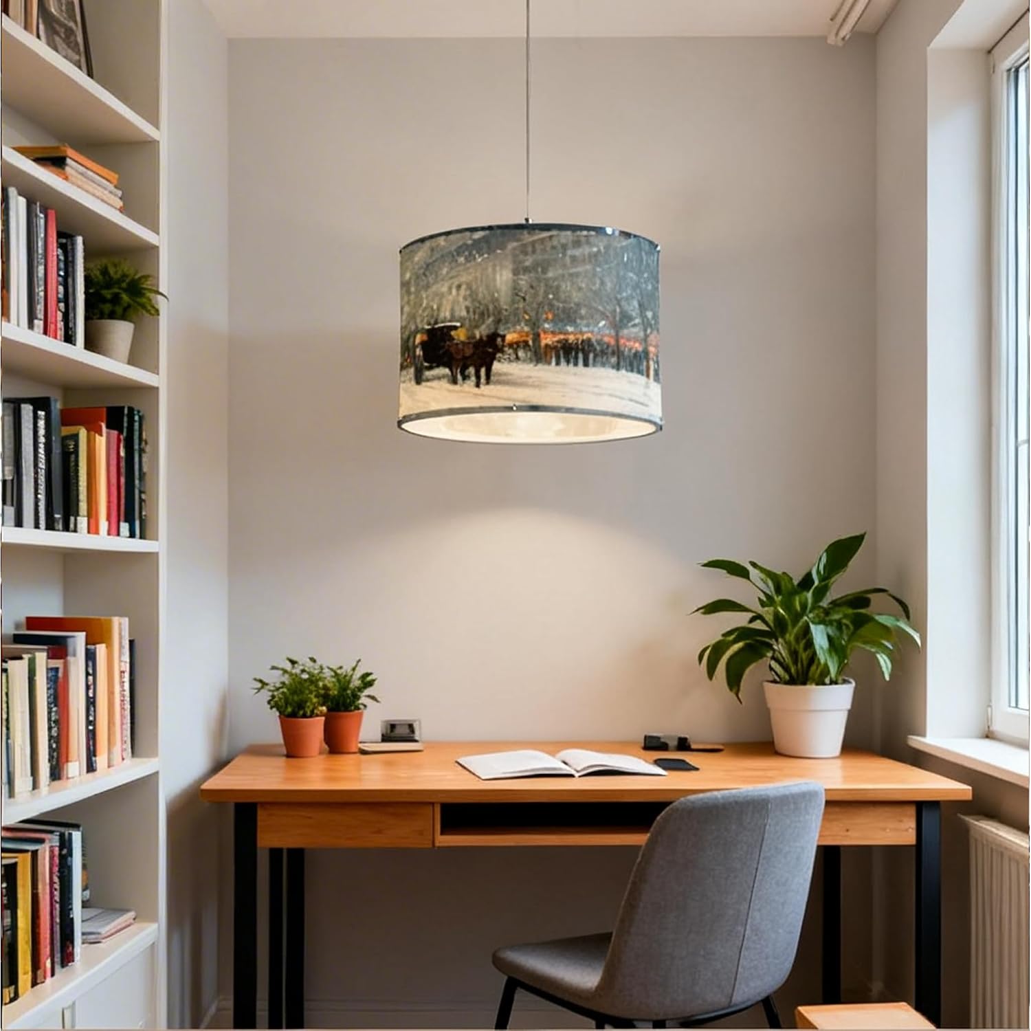 Snow Picture Drum Pendant Light Fixtures, 18Inch Modern Chandelier Print Hanging Ceiling Lamp, E26 Vintage Pendant Lighting for Living Dining Room Kitchen Bedroom, Customizable Printed Indoor Lighting