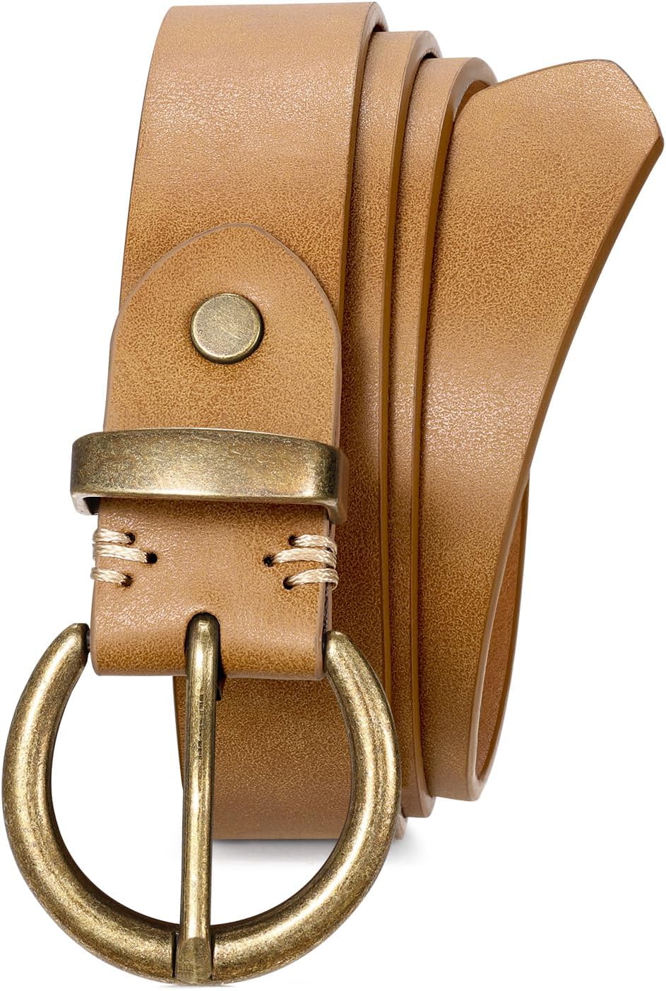 JASGOOD Women Leather Belt for Jeans Pants Vintage PU Leather Belt Solid Brass Circle Buckle for Ladies