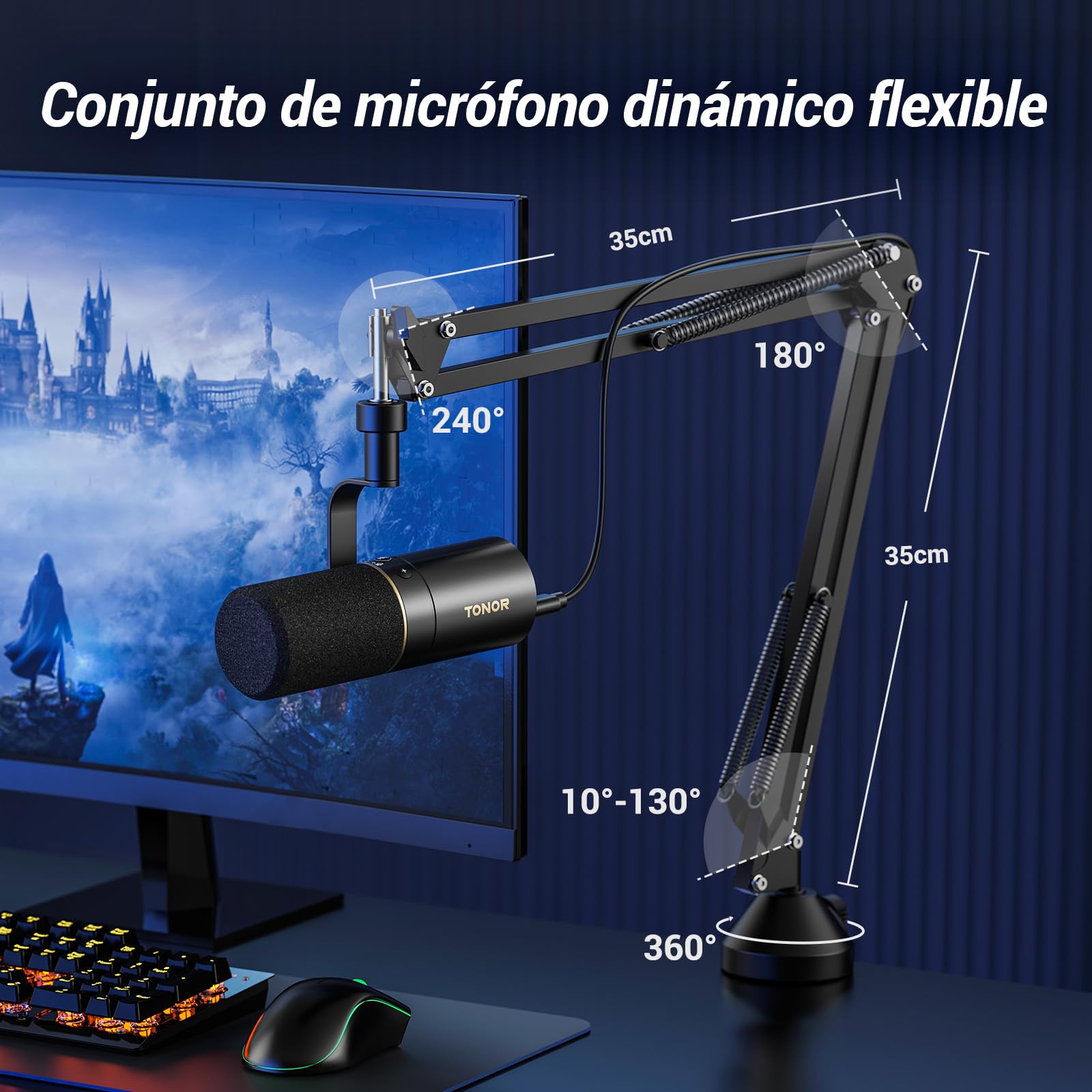 TONOR PC Microfono Dinámico Gaming con Brazo Soporte, Profesional Micrófono USB/XLR para Juegos, Podcasting, Streaming, Estudio, Vocal Grabación, Mic cardioide con 3.5mm Jack, Botón Mute, TD510+