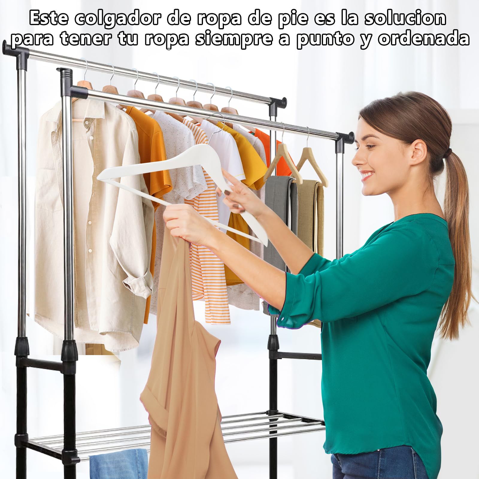 EASY SPEED Perchero de Ropa de Doble Barra con Ruedas, Pantalonero Resistente y Estable Perchero Extensible, Organización para Casa, Hogar, Tiendas, Metálico (80x43x160cm)