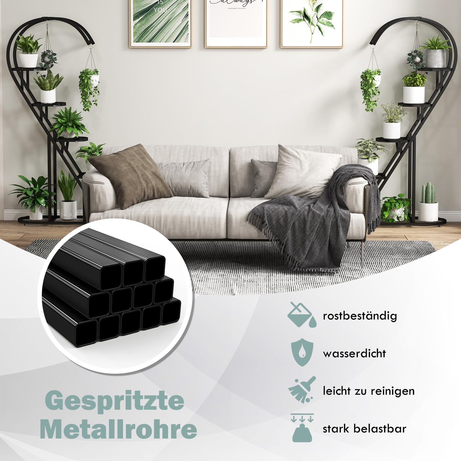 GOPLUS 5-stufiger Metall-Pflanzenständer in Herzform, Pflanzenregal mit 4 Aufhängehaken, Lamellenablagen, wandelbarer Blumenständer, Leiter Pflanzenregal für Wohnzimmer, Balkon (Schwarz)
