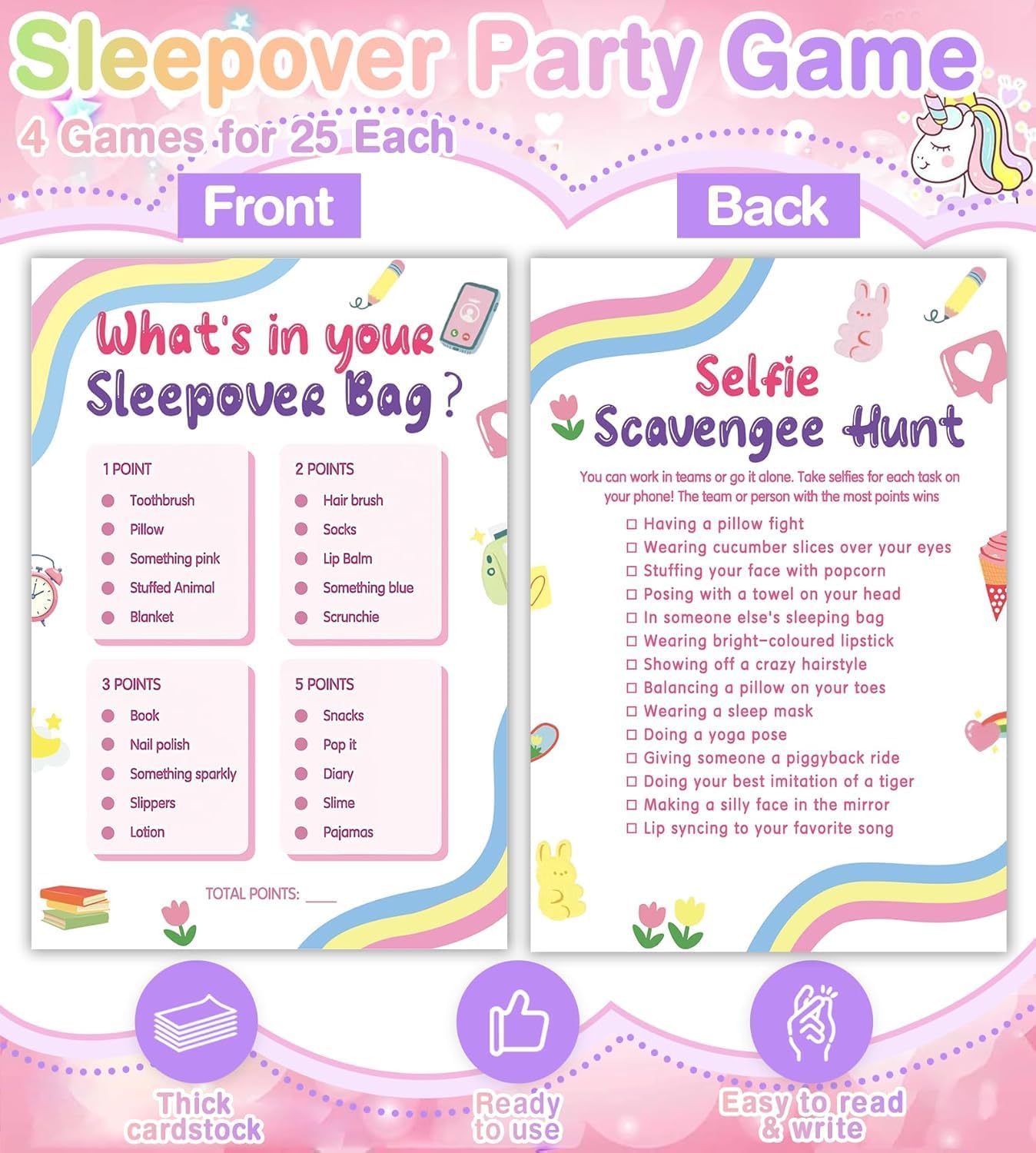 Sleepover Party Supplies for Girls, 4Funny Girls Night Games Sleep Over Essentials for Slumber Party Supplies
