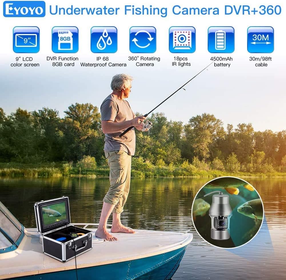 Black Friday 🔥 Eyoyo Underwater Fishing Camera Video Fish Finder DVR Function 9 inch Large Color Screen 360° Horizontal Panning Camera 1000TVL w/ 18 Infrared IR Lights 30M Cable for Lake Sea Boat Ice Fishing