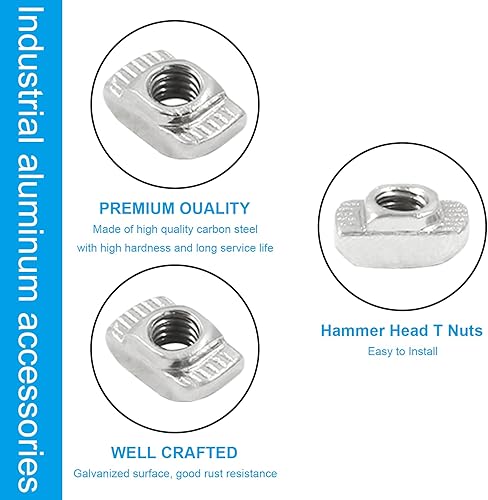 Miniatura 2 de 100 tuercas de acero al carbono de la serie T 2020, M4 con ranura en T, cabeza de martillo, surtido de tuercas para perfil de aluminio