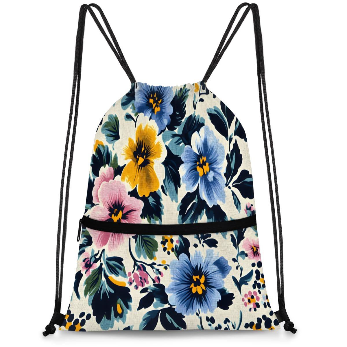QsirBC Colorful Floral Print Drawstring Bag for Men &amp; Women, Gym Sports Backpack with Zipper Pocket, Lightweight String Sackpack for Travel, Running, Hiking, Workout