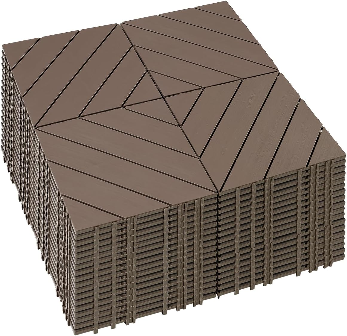 72 PCS Plastic Interlocking Deck Patio Tiles - 12" x 12" Anti-Slip Waterproof Outdoor Flooring, Balcony Floor Decking for Poolside & Backyard, All Weather Use, Brown, Diagonal