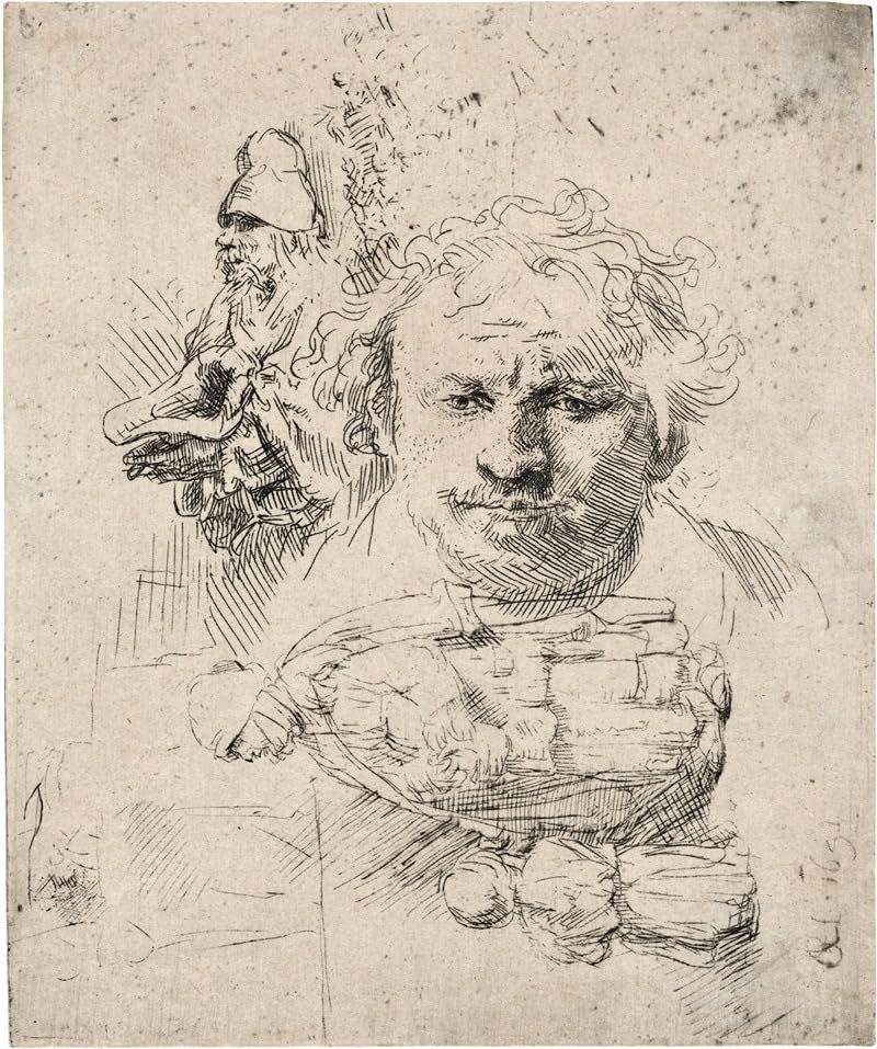 Arkusz studiów z szefem artysty żebrakiem kobiety i dziecka (1651) plakat wydruk autorstwa Rembrandta van Rijna (24 x 36)