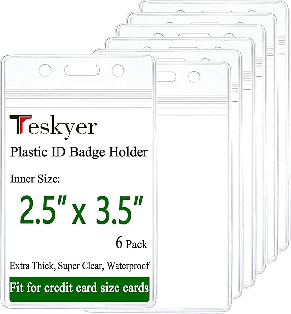 Teskyer 6 Pcs ID Badge Holder, Sturdy Clear Plastic ID Card Holder , Vertical Card Holder with Waterproof Resealable Zip, 2.5" x 3.5" Inner Size