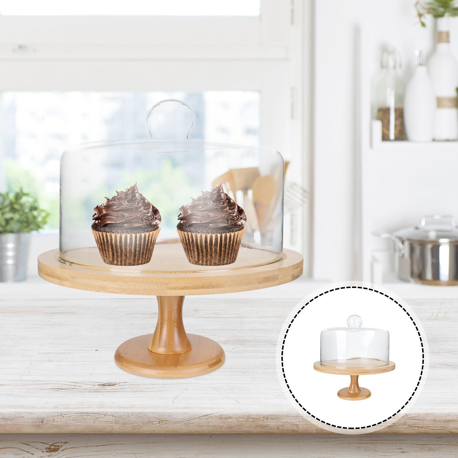 Espositore per Torte in Vetro e Legno Riutilizzabile e Facile da Pulire con Base Kaki, Vassoio per Dolci per Compleanni e Pasticcerie, Set da 1
