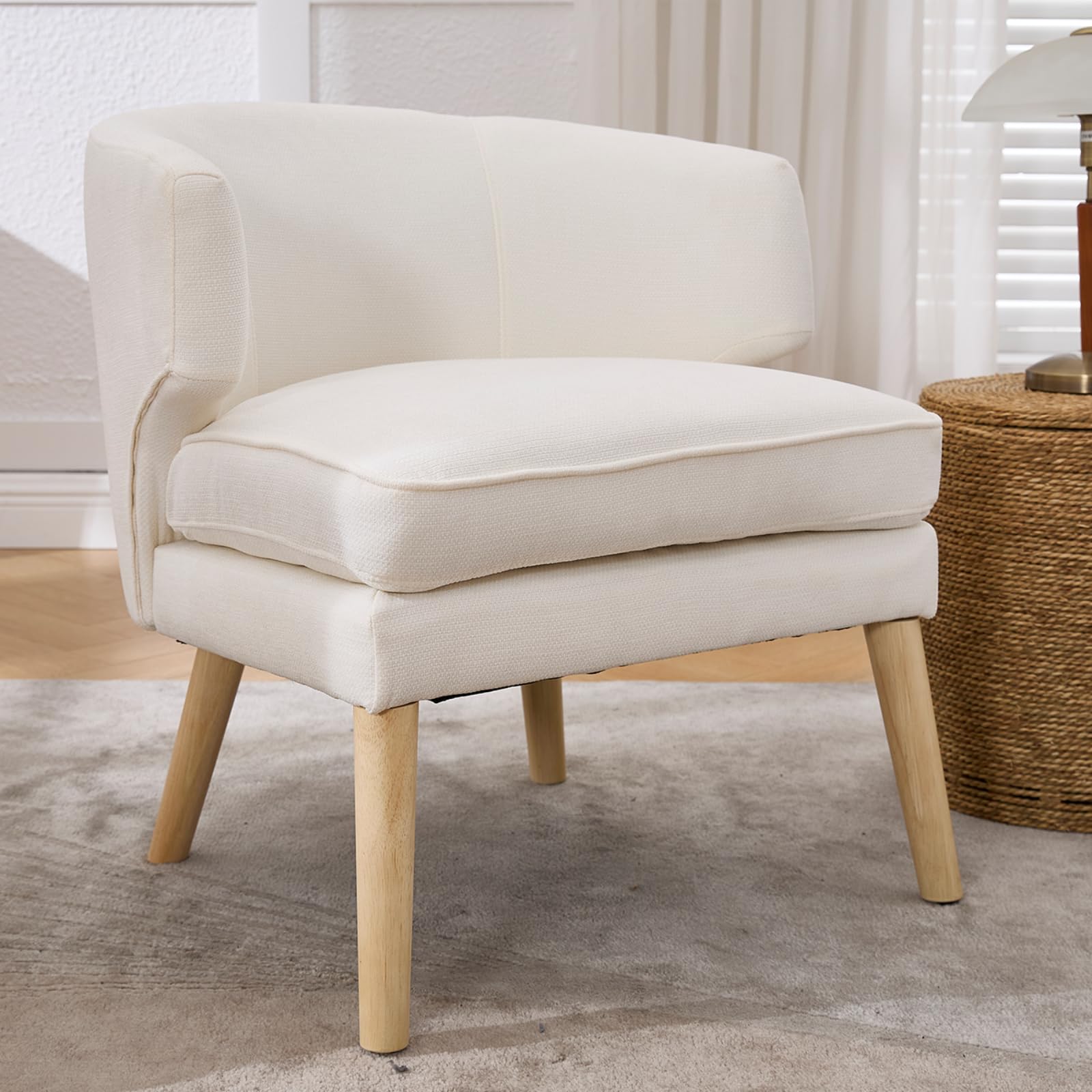 DAYALANE Round Beige Chenille Tub Chair with Curved Back & Solid Wood Legs