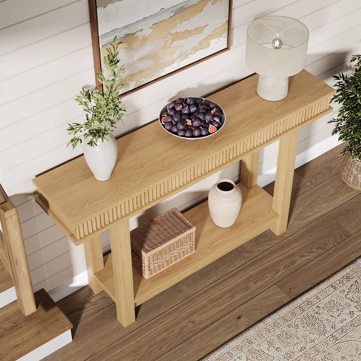 Garvee Mesa Consola Estrecha De Estilo Granja para Comedor - Diseño De Dos Niveles con Estante De Almacenamiento - Ideal para Entrada, Pasillo o Detrás del Sofá - Acabado En Madera Natural