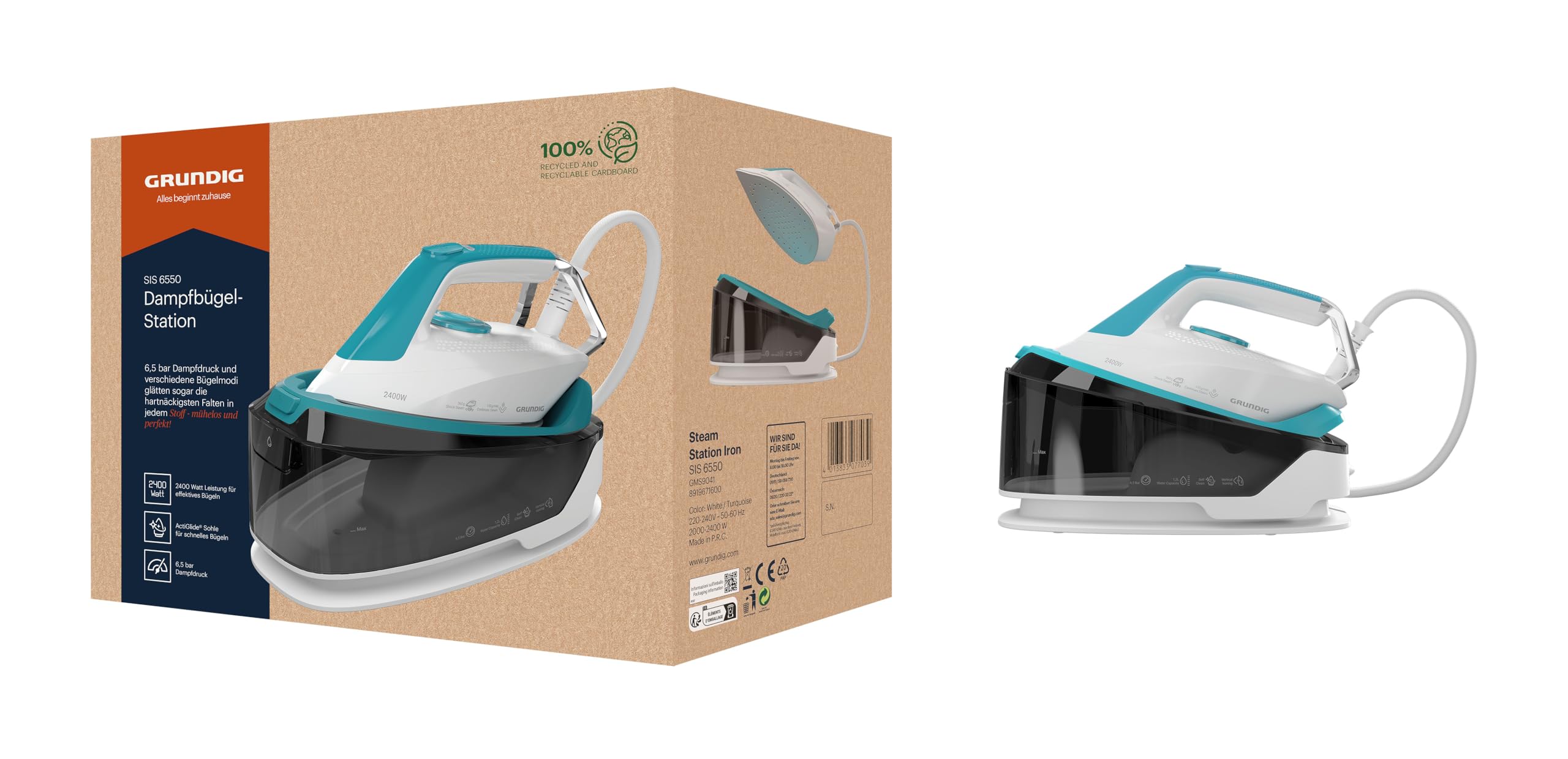 Fer à repasser vapeur GRUNDIG SIS 6550 - 2400 W, 6,5 bars, semelle céramique