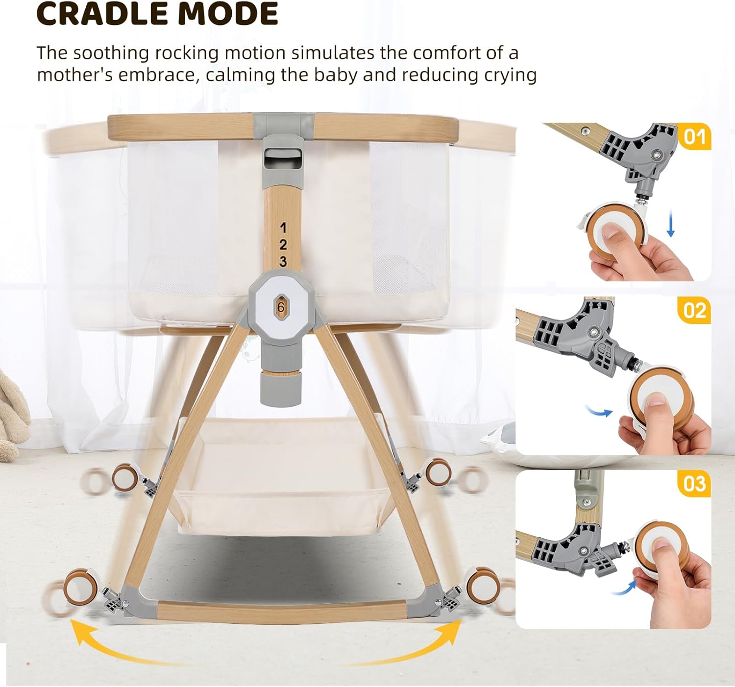 Bassinet Bedside Sleeper,Baby Bassinet,Rocking Bassinet,4-in-1 Full Mesh Quick Assembly Portable Bedside Crib with Mattress,Mosquito Net,6-Level Height Adjustable Bassinet with Travel Bag for Newborn | Breathable material