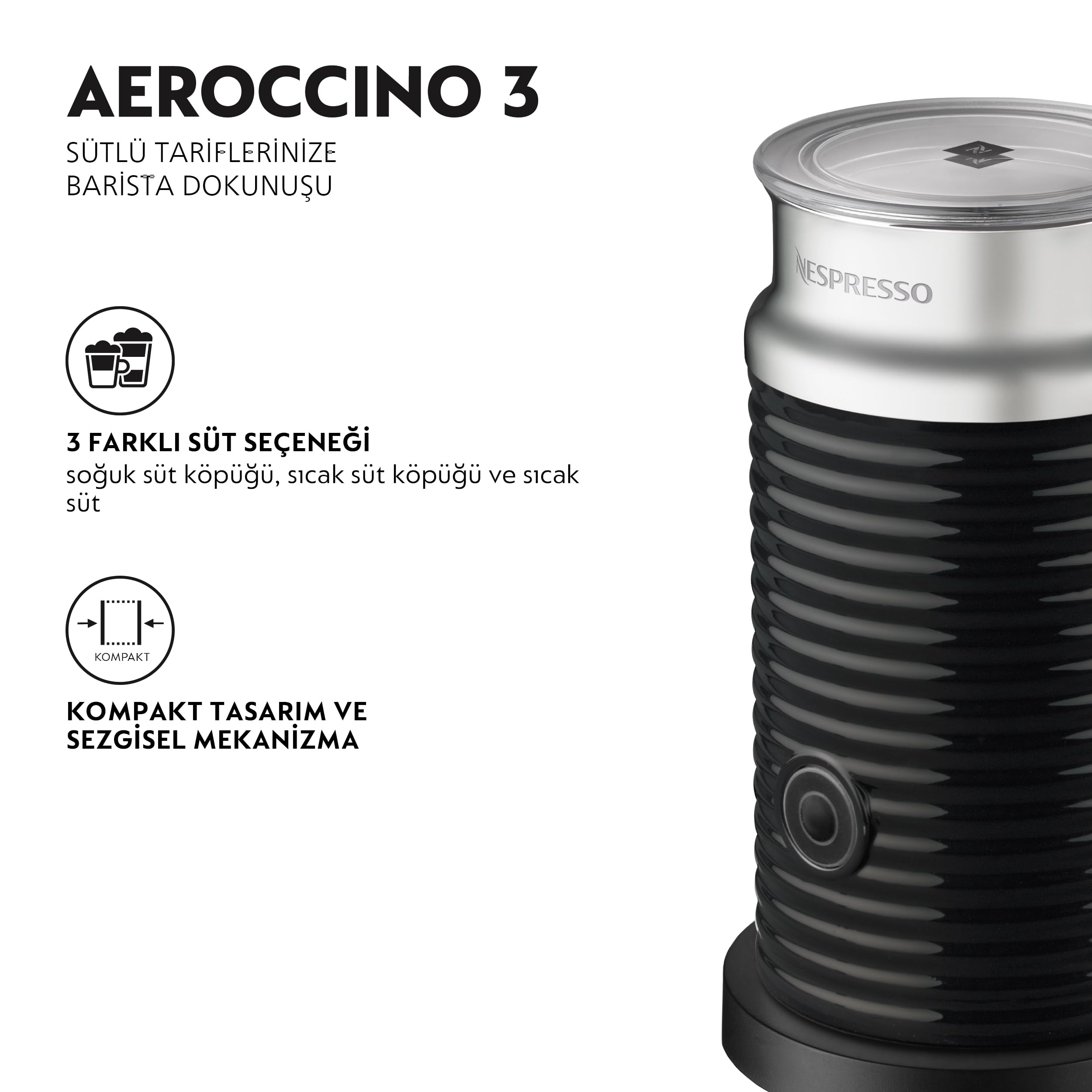 NESPRESSO Aeroccino 3 elektrischer Milchaufschäumer schwarz | Aufschäumer aus Edelstahl für 120ml cremigen Milchschaum heiß oder kalt & 240ml heiße Milch für Cappuccino & Latte