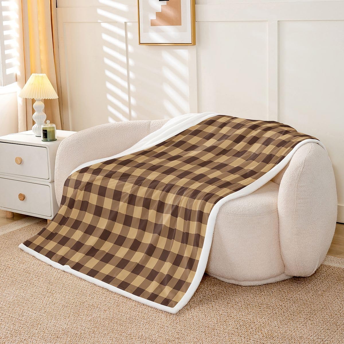 Feelyou Brown Checkered Fleece Throw Blanket Black Brown Plaid Sherpa Blanket for Kids Women Men Plush Fuzzy Geometric Vintage Twin 60"x80" for Bed Couch Chair Living Room Bedroom Decor
