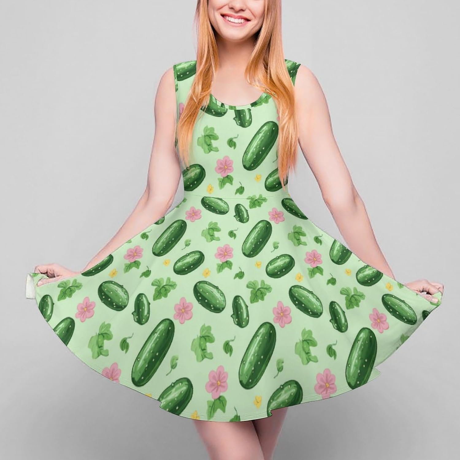 Cucumber Print Women's Dresses Round Neck Dress Sleeveless Tank Dress Ruffle Hem Sundress