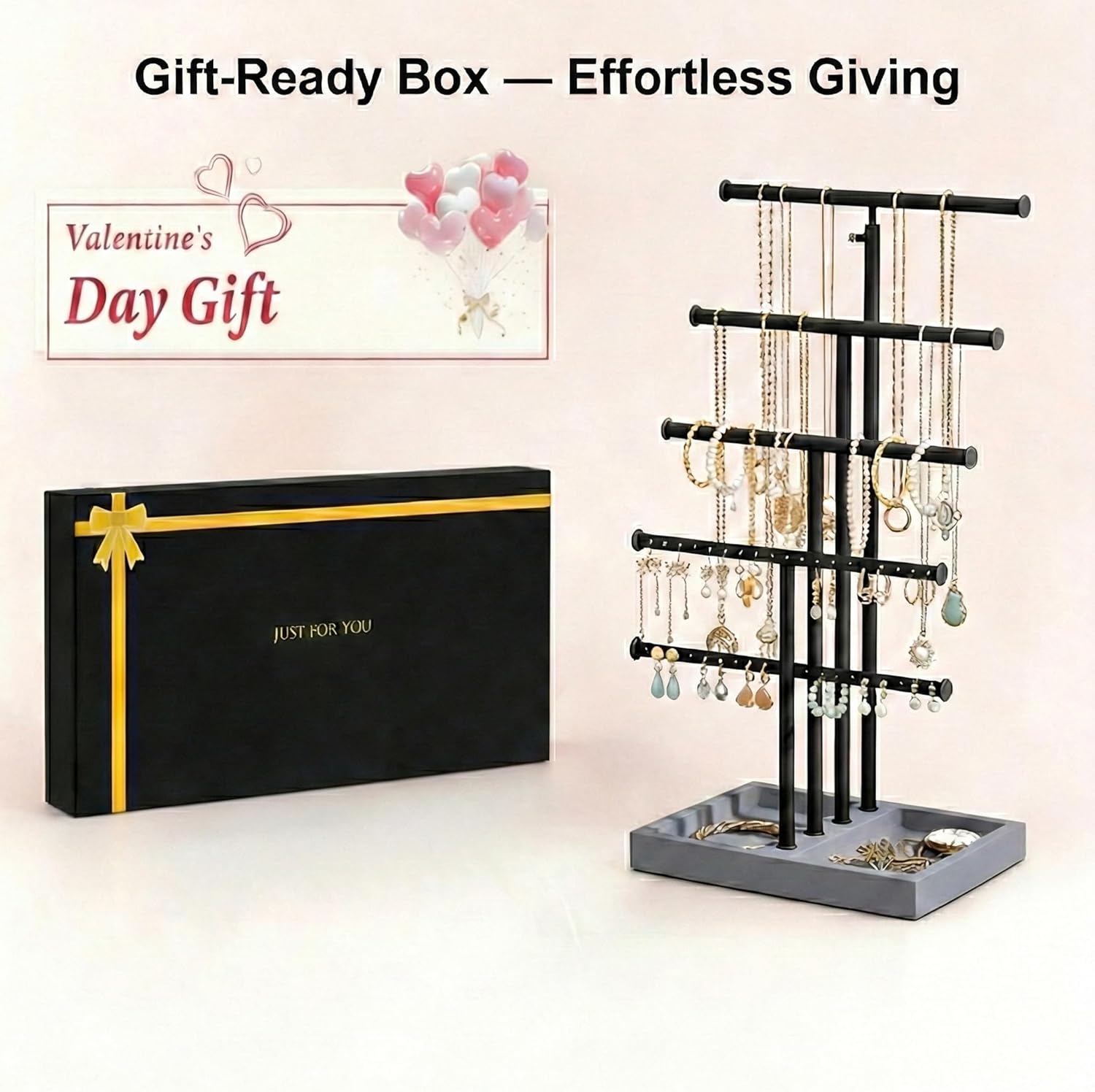 Love-KANKEI Jewelry Organizer Stand, 5 Tier Large Necklace Holder with Wood Base, Jewelry holder stand Tree for Display, Bracelets Earrings Rings, Height Adjustable Gift Weathered Grey - Image 5