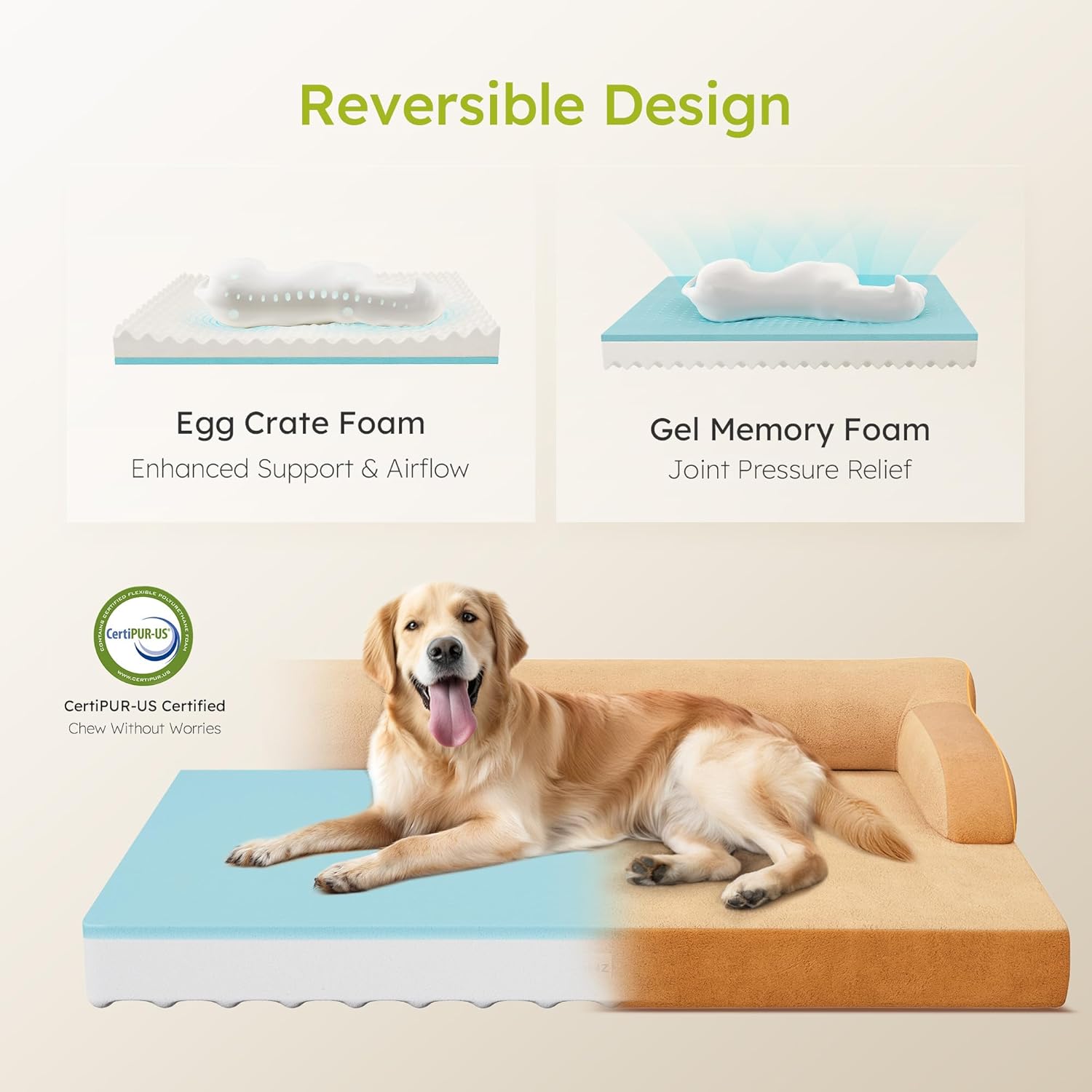 Large Orthopedic Dog Bed, Pet Bed Large Size Dog, Dual-Sided Cooling Beds with Memory Foam Washable Cover Nonslip Bottom, Waterproof Pet Beds with Bolsters, Brown
