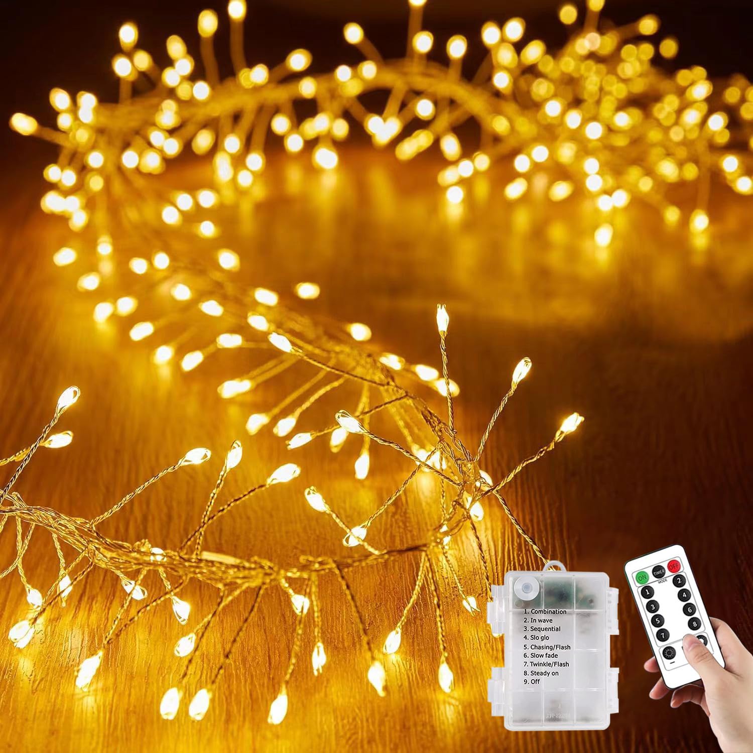 Fairy Lights with Remote - Firecrackers String Lights 9.84Ft 100 LED Waterproof Cluster Christmas Lights, Battery Operated Fire Crackers Garland for Bedroom, Garden, Party Decor (warm white)