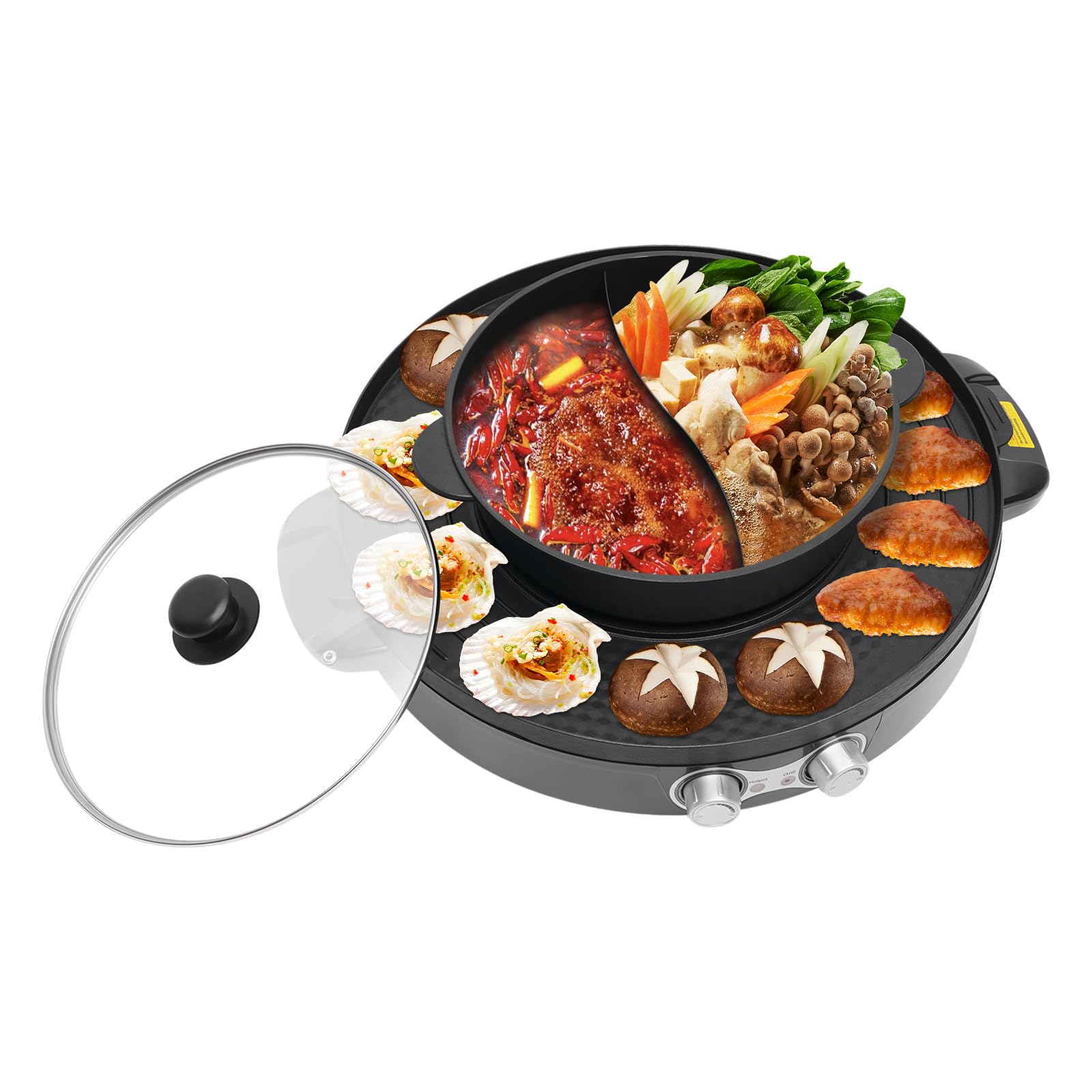 Hot Pot grill elektryczny 2 w 1, 2200 W, garnek elektryczny, wielofunkcyjny hotpot, grill stołowy z lejkiem i uchwytem, nieprzywierająca patelnia dla rodziny, na imprezę, 52 x 18,5 cm