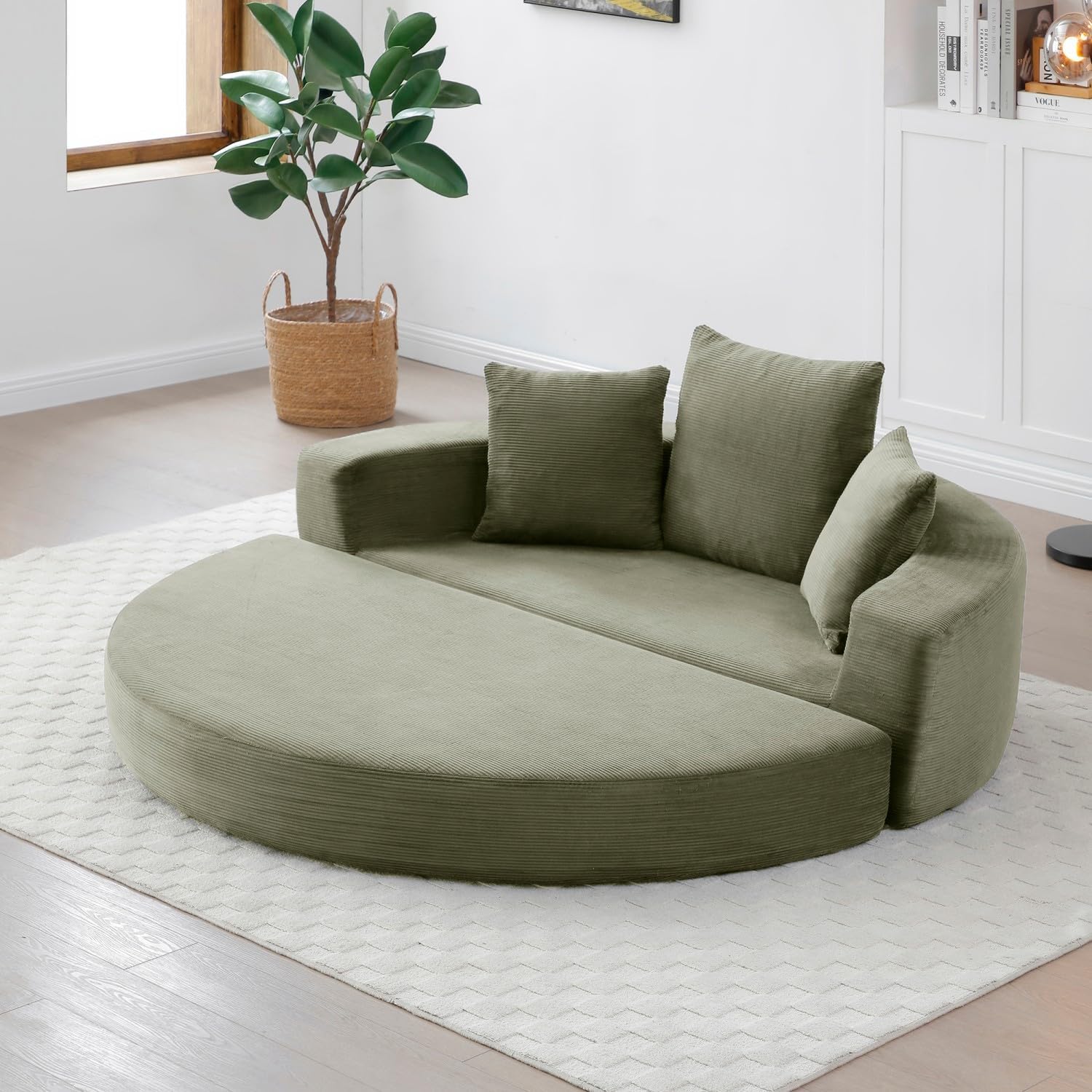 Folding Sofa Bed, Corduroy Circular Boneless Couch, No Assembly Convertible Sleeper Sofa with 3 Pillow, Comfy Futon Sofa Bed for Apartment, Office, Bedroom, Living Room, Green