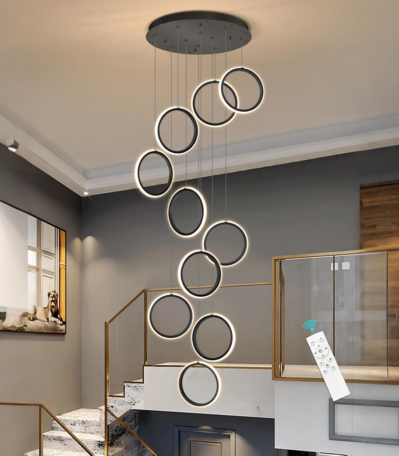 Modern 10 Rings LED Chandelier Dimmable Staircase Light Fixture for High Ceiling with Remote Black Pendant Light for Living Room Foyer Entryway