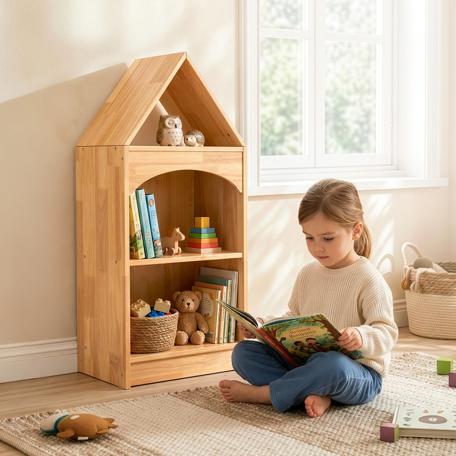 OOOK Gummiholz Kinder Bücherregal, Spielzeugaufbewahrung mit 3 Etagen, Eckregal für Kinderzimmer, Spielzimmer, Babyzimmer, Klassenzimmer und Kindergarten