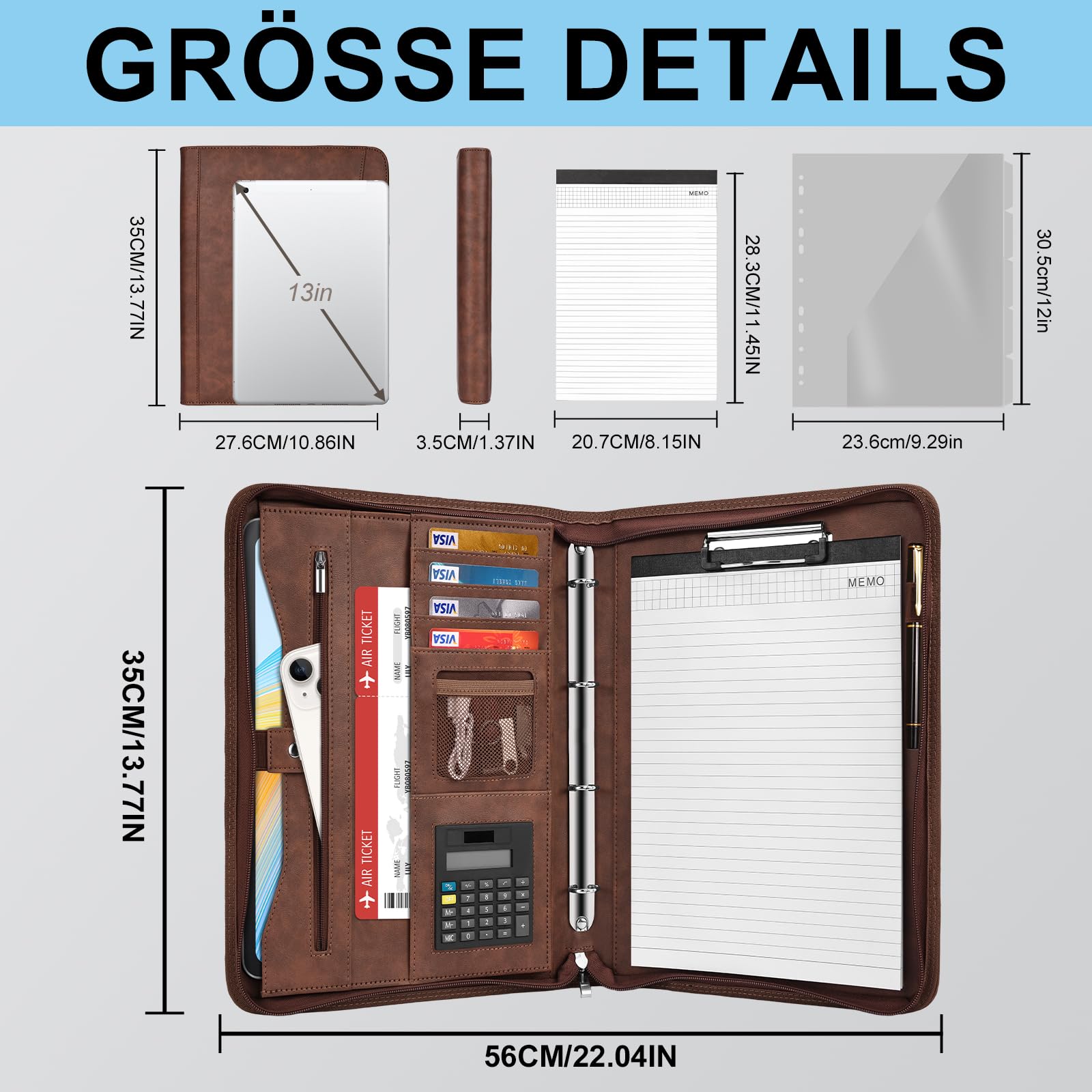 Leathario Schreibmappe A4 mit 5er Register DIN A4，Konferenzmappe mit 4 Ringbuch，Dokumentenmappe mit Reißverschluss, Klemmbrett,Blumenmuster,Ordner für Meeting, Business,Mappe für Schule, Uni