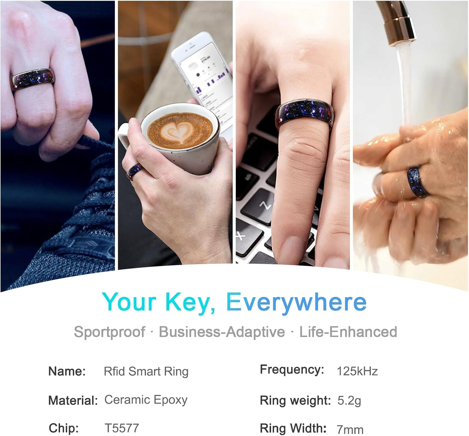 Orion Nebula Opal Galaxy Fragment Inlay RFID Smart Ring Ceramic Epoxy ID T5577/IC CUID(GEN2) Chip Rewritable Clone 125kHz/13.56mHz Access Control Lock KeyCards Ring