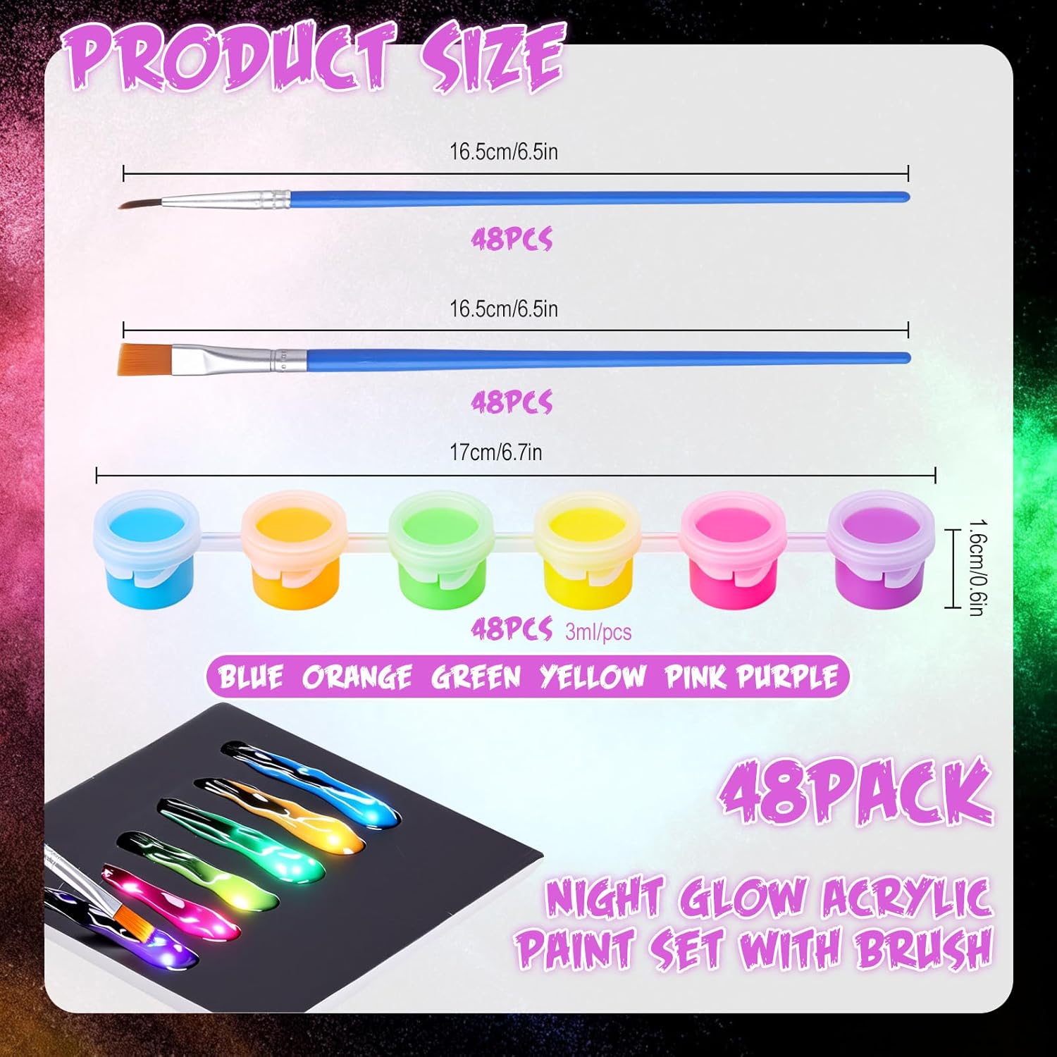 48 Set Glow in The Dark Mini Acrylic Paint Kit 96 Paint Brushes and 48 Pcs 6 Color Acrylic Strips Long Lasting Glow Fluorescent for Art DIY Carnival Easter Christmas Decor