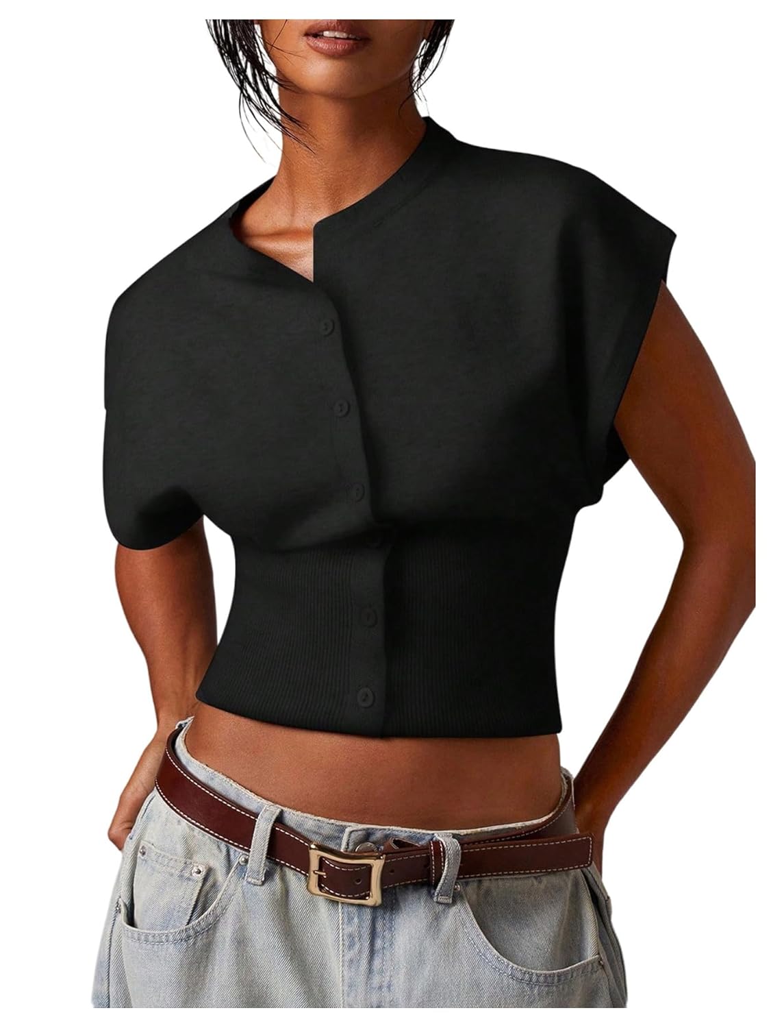 SHENHE Womens Cap Sleeve Sweater Vest Button Up Dressy Sleeveless Knit Crop Top Sweater