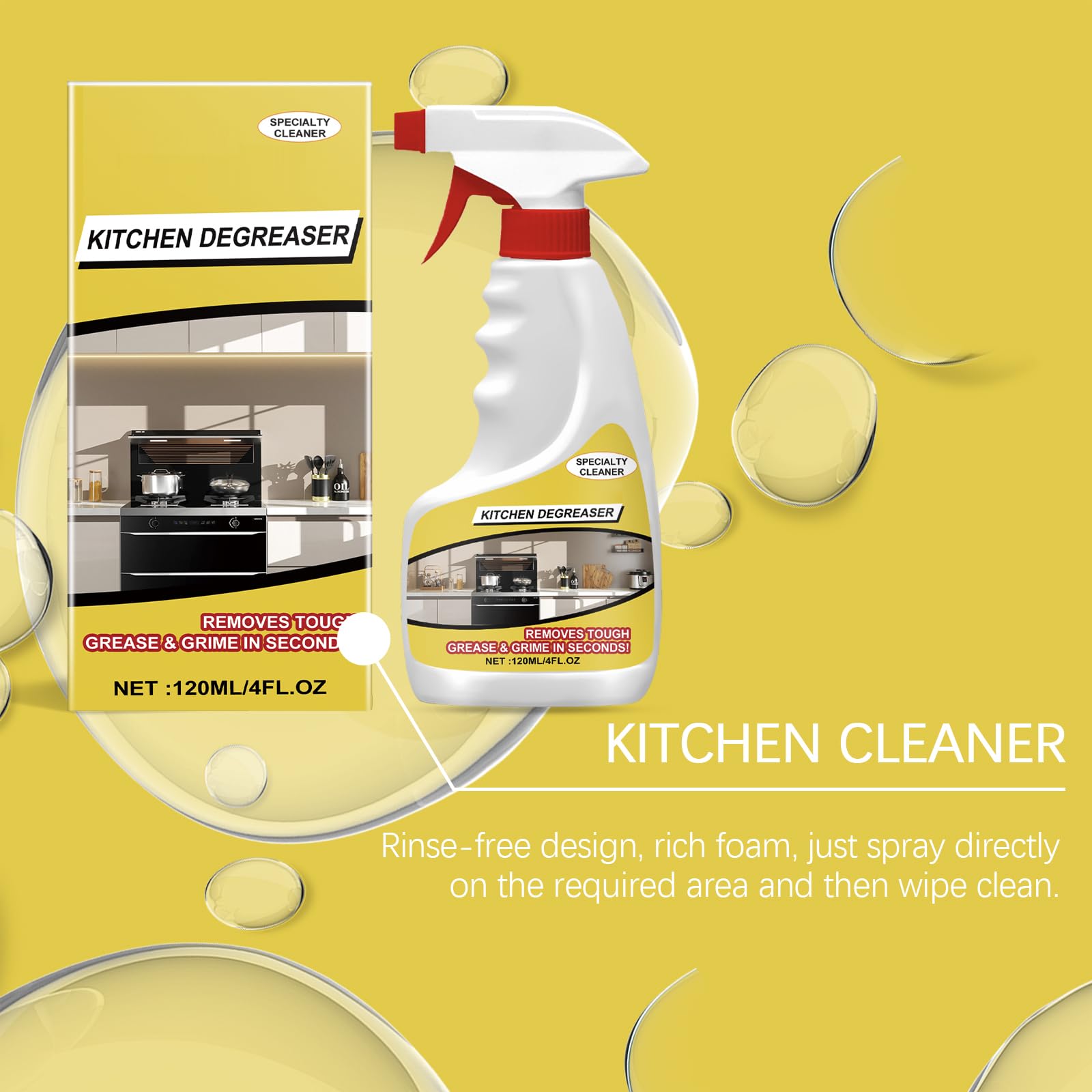 Potente sgrassatore e detergente da cucina, detergente ad azione rapida per grasso, olio e macchie dure, spray in schiuma sgrassante per tutti gli usi per pentole, padelle, piani di lavoro ed