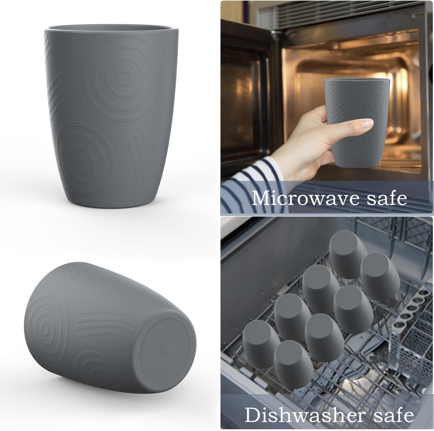 Wrova Wheat Straw Cups 8 PCS Good Alternative to Plastic Reusable Cups 12 oz Unbreakable Drinking Cup Reusable Dishwasher Safe Water Plastic Glasses Grey - Image 6