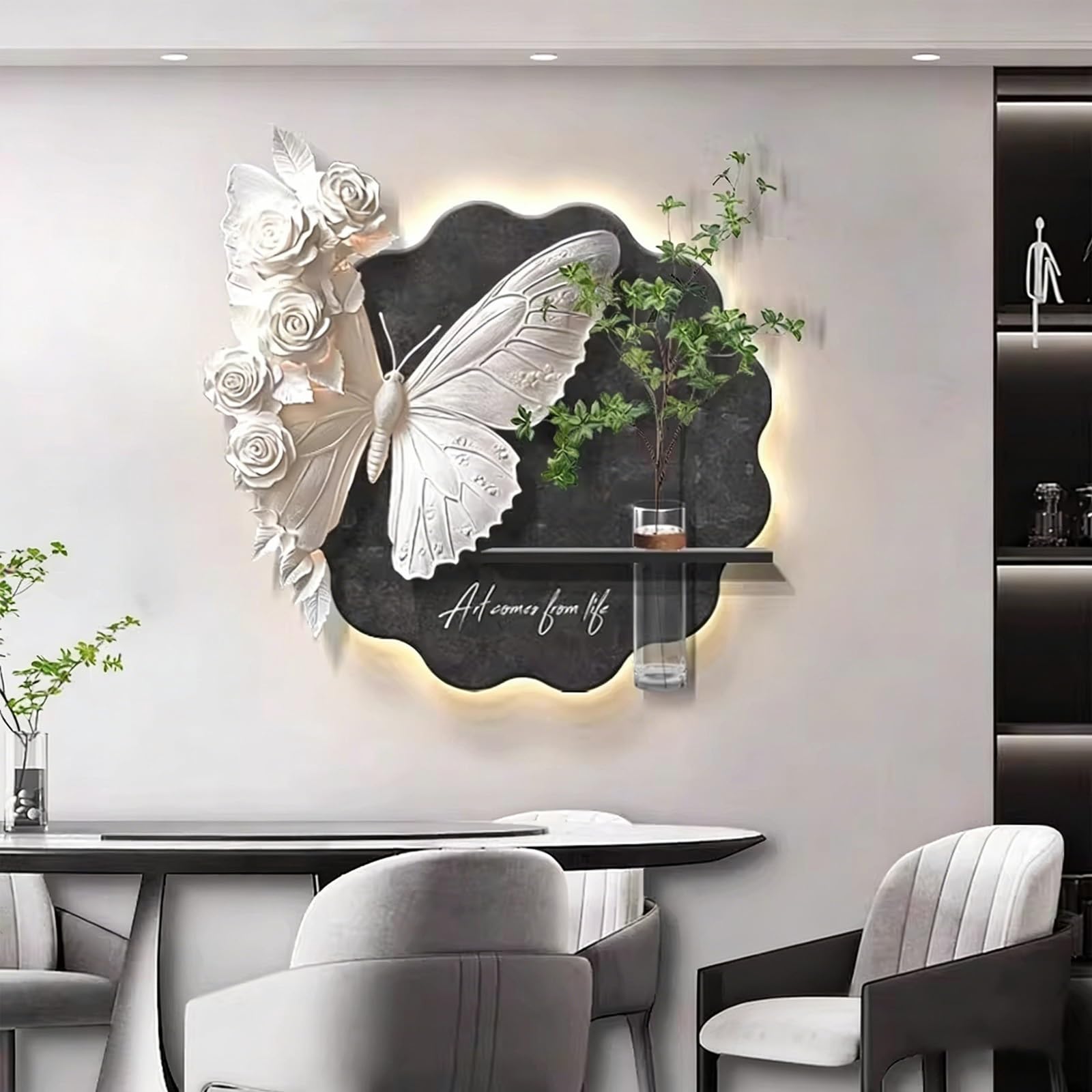 Décoration murale papillon en porcelaine cristalline avec vase LED