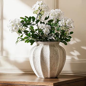 LE TAUCI White Ceramic Vase, 9.3-Inch Textured Flower Vase, Rustic White