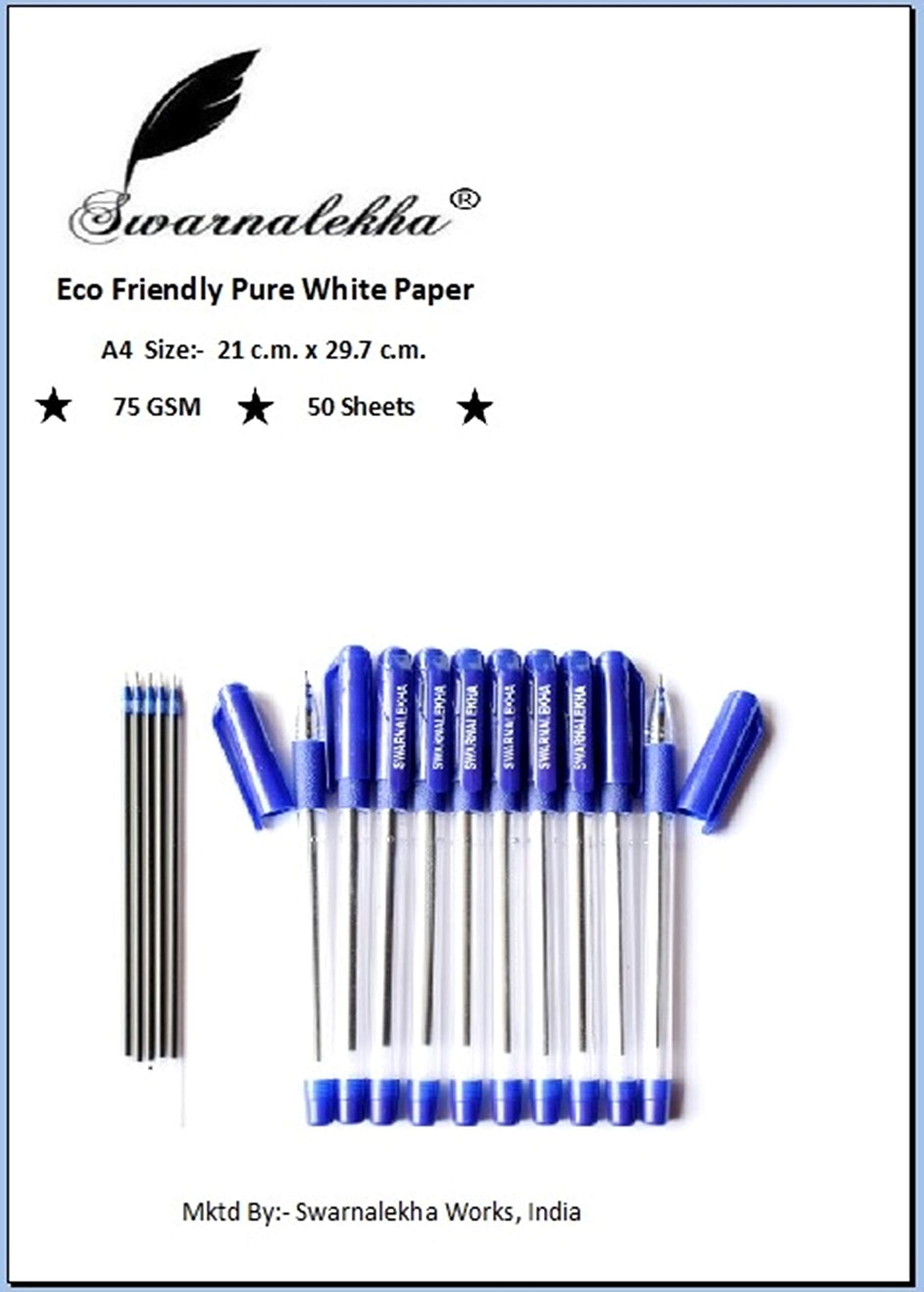 Swarnalekha® A4 Paper 50 Pieces White Copy & Multipurpose Eco-friendly 75 GSM Paper, 50 Sheets with 10 Pieces Rubber Grip Blue Ball Pen & 5 Pieces Blue Refills Combo School Set (Pack of 65)