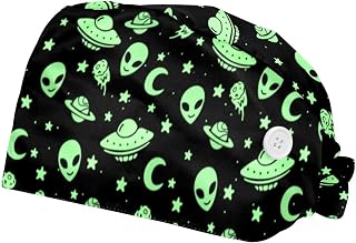 Green Alien UFO Moon 2 Pack Adjustable Working Cap with Buttons Elastic Bouffant Hats Head Scarf with Sweatband for Women Men