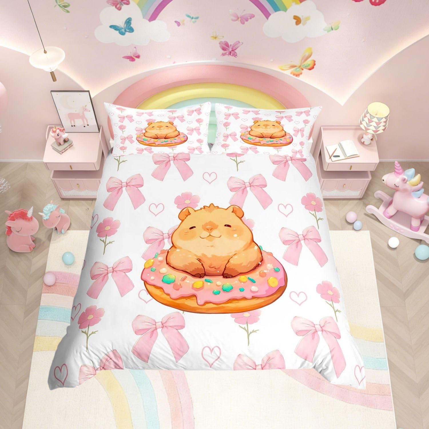 Homewish Girls Pink Bow Duvet Cover Set Kids Capybara Super King Bedding - Bowknot Florals Quilt Cover Sweet Capybara Donut Pattern Kawaii Princess Style Bed Set Pink Reversible with 2 Pillowcases