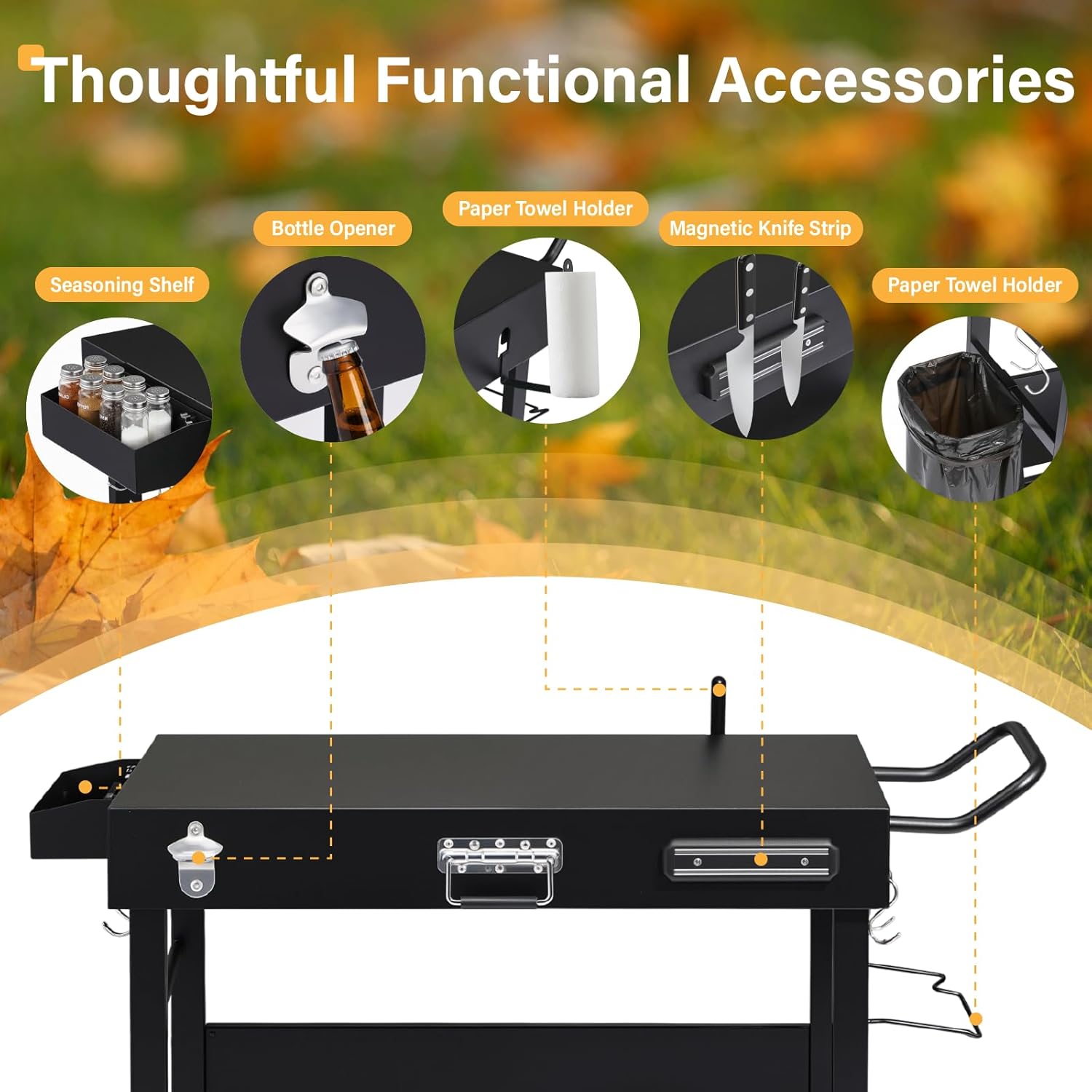 ROVSUN Outdoor Grill Table Cart, Foldable Grill Cart with Wheels, Rolling Table for Ninja, Blackstone Griddle, Pizza Oven Stand, Food Prep Table w/Bottle Opener, Seasoning Tray, Rubbish Bag Holder