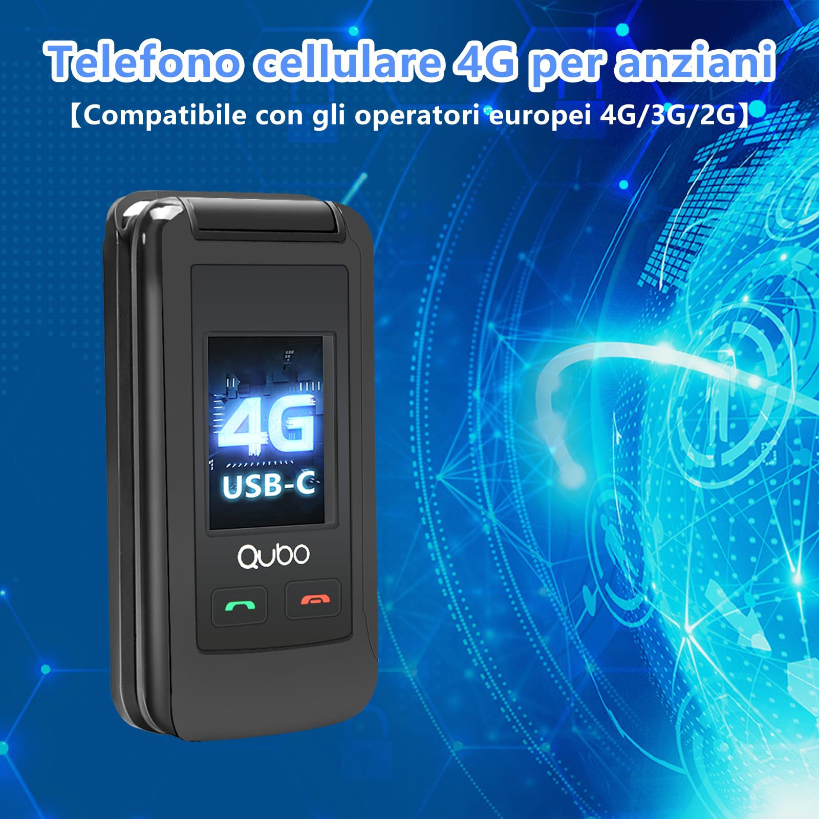 Qubo GSM Telefono Cellulare per Anziani 4G,Flip phone Telefoni Cellulari Tasti Grandi,Volume alto,Funzione SOS, 2.4"+1.77 Contatti con Immagini,Chiamata Rapida,Cellulare anziani Nero