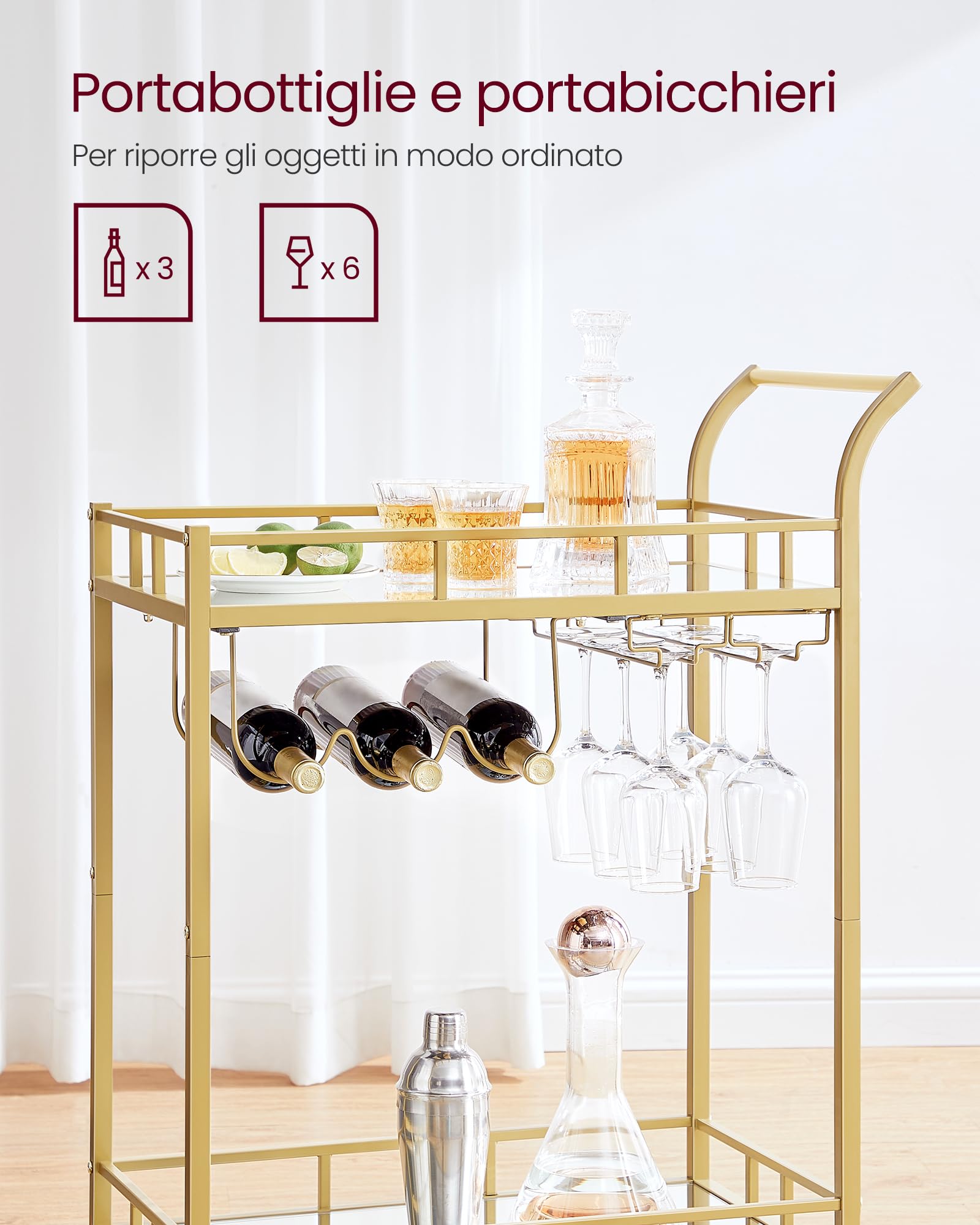 VASAGLE Carrello Cucina, 2 Ripiani a Specchio, Portabottiglie Vino