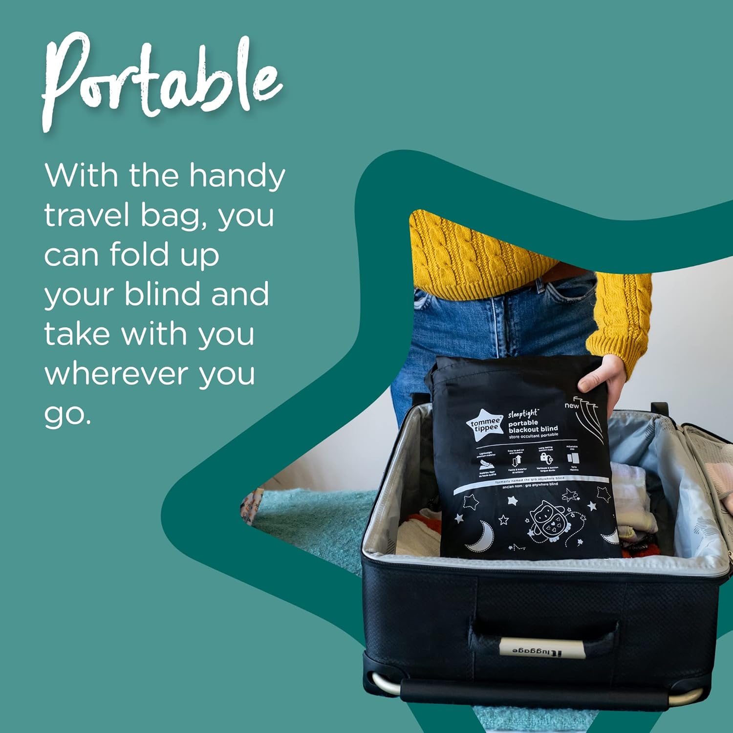 Tommee Tippee Sleeptime Portable Baby Blackout Blind, Large, 51 x 78 Inches Travel Window Blinds, Strong Suction, Foldable, Lightweight Naptime Blind, Nighttime Animations